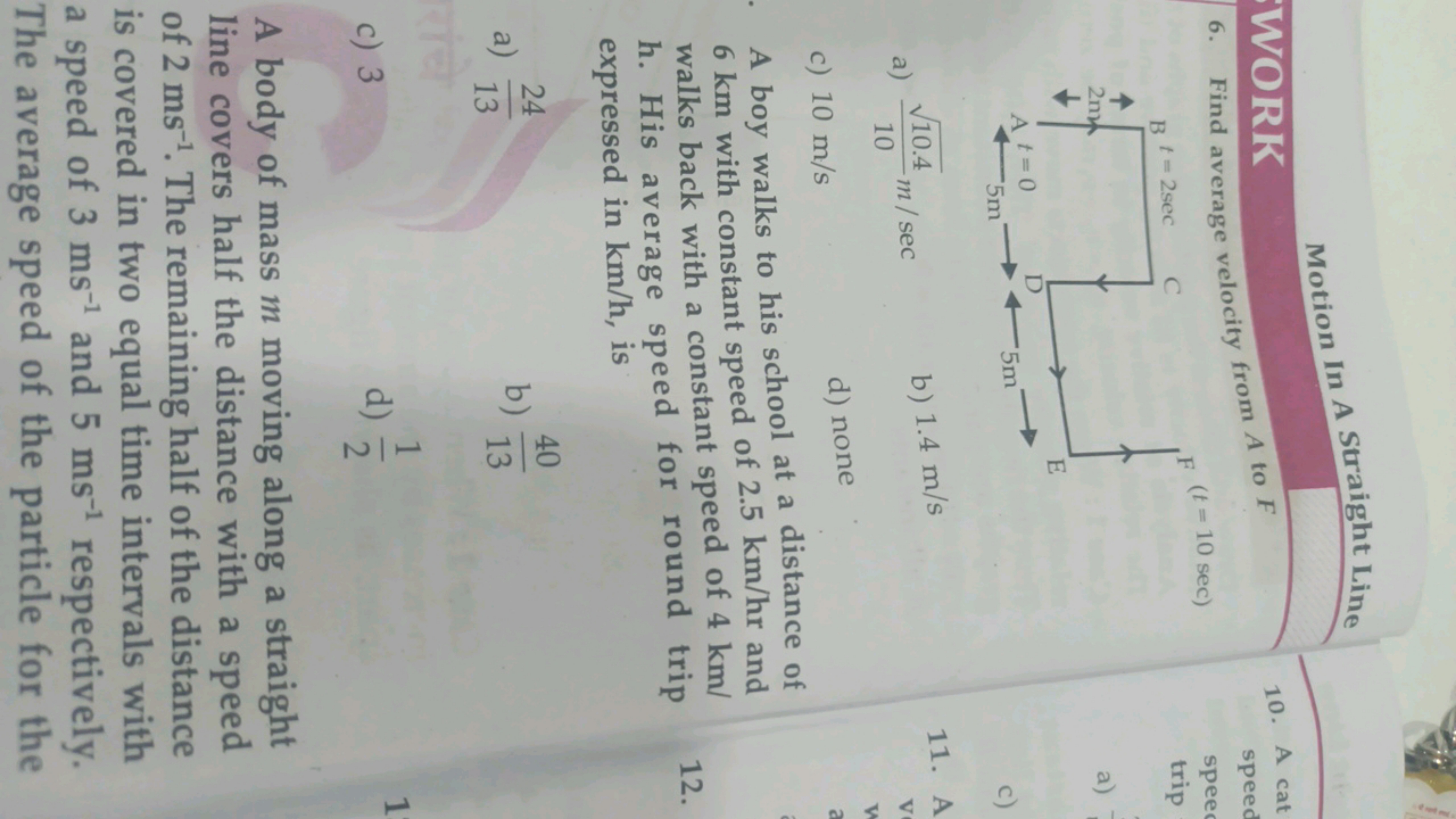 Motion In A Straight Line
WORK
6. Find average velocity from A to F
a)