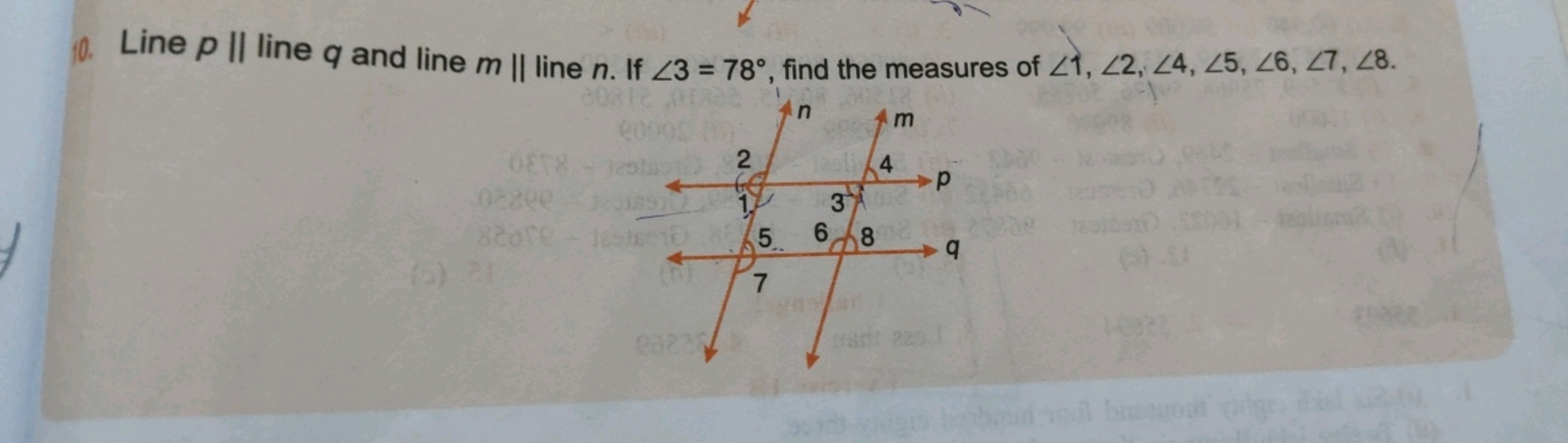 Line p∥ line q and line m∥ line n. If ∠3=78∘, find the measures of ∠1,