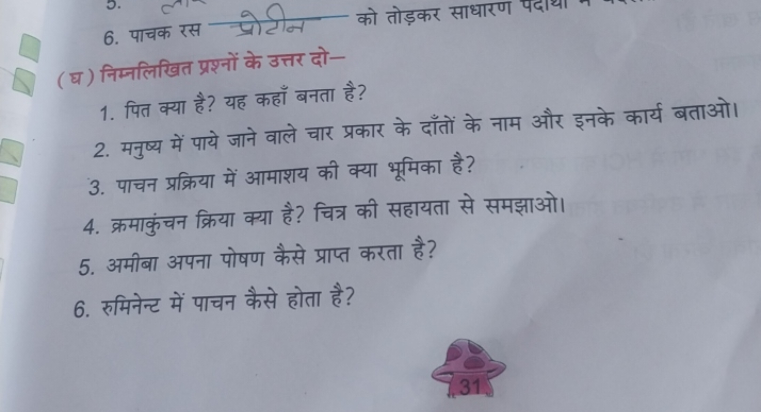 6. पाचक रस प्रोटीन को तोड़कर साधारण
(घ) निम्नलिखित प्रश्नों के उत्तर द