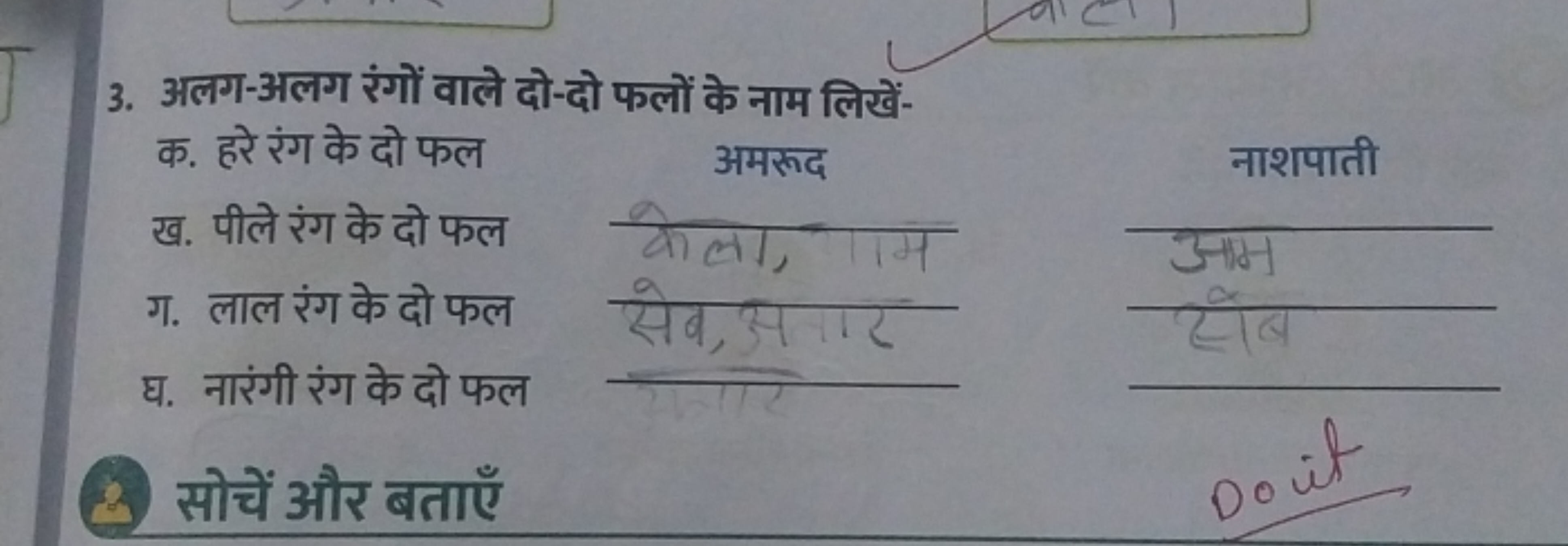 3. अलग-अलग रंगों वाले दो-दो फलों के नाम लिखें-

क. हरे रंग के दो फल
ख.