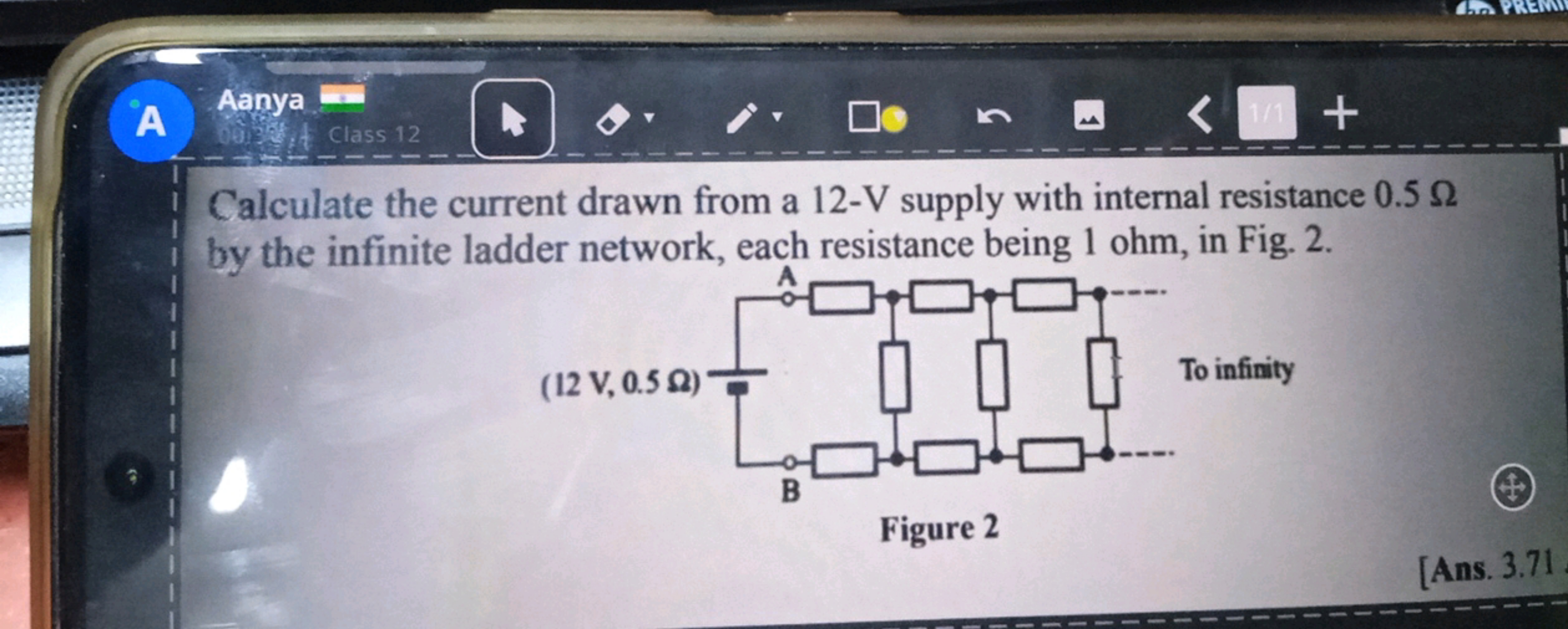 Calculate the current drawn from a 12−V supply with internal resistanc