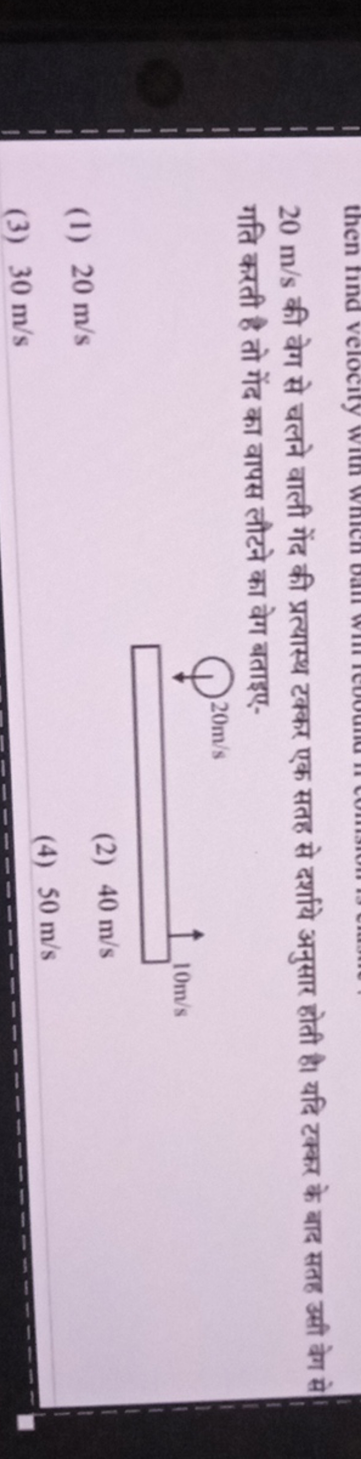 20 m/s की वेग से चलने वाली गेंद की प्रत्यास्थ टक्कर एक सतह से दर्शाये 