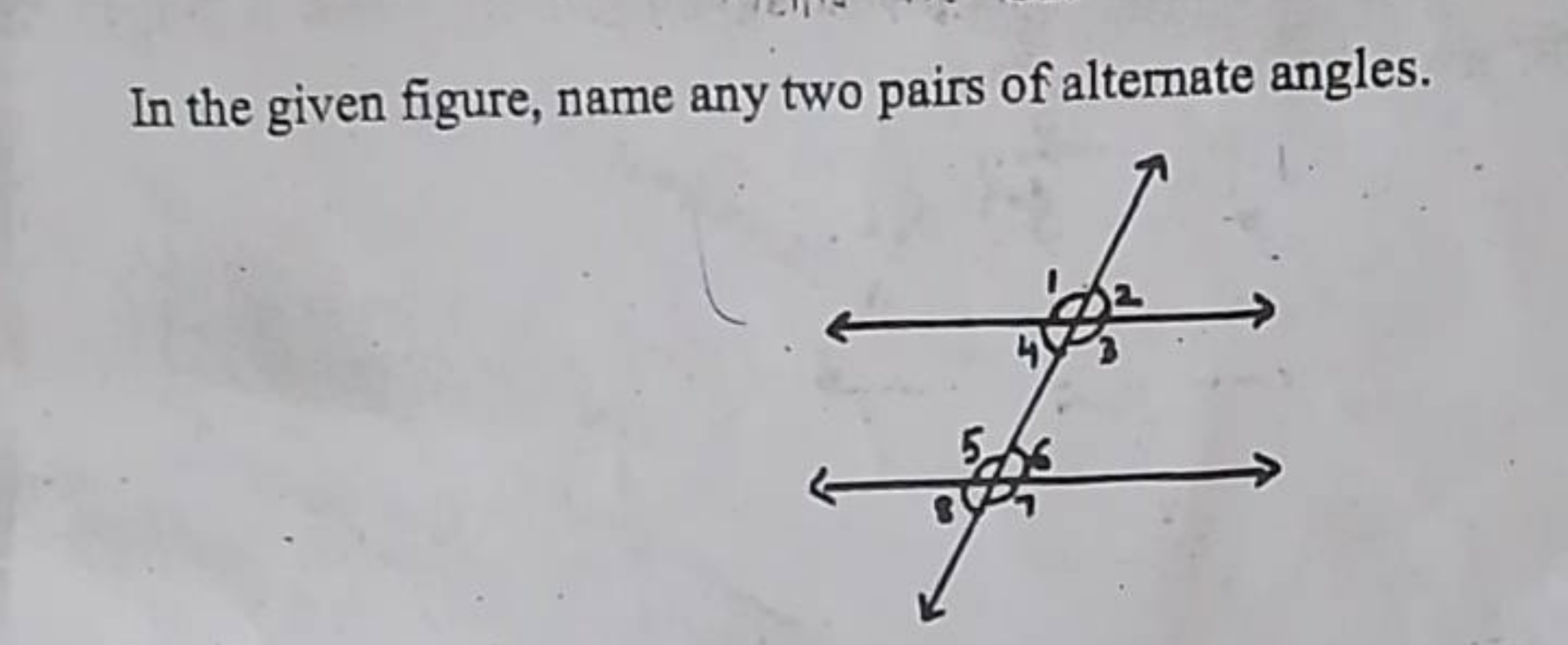 In the given figure, name any two pairs of alternate angles.