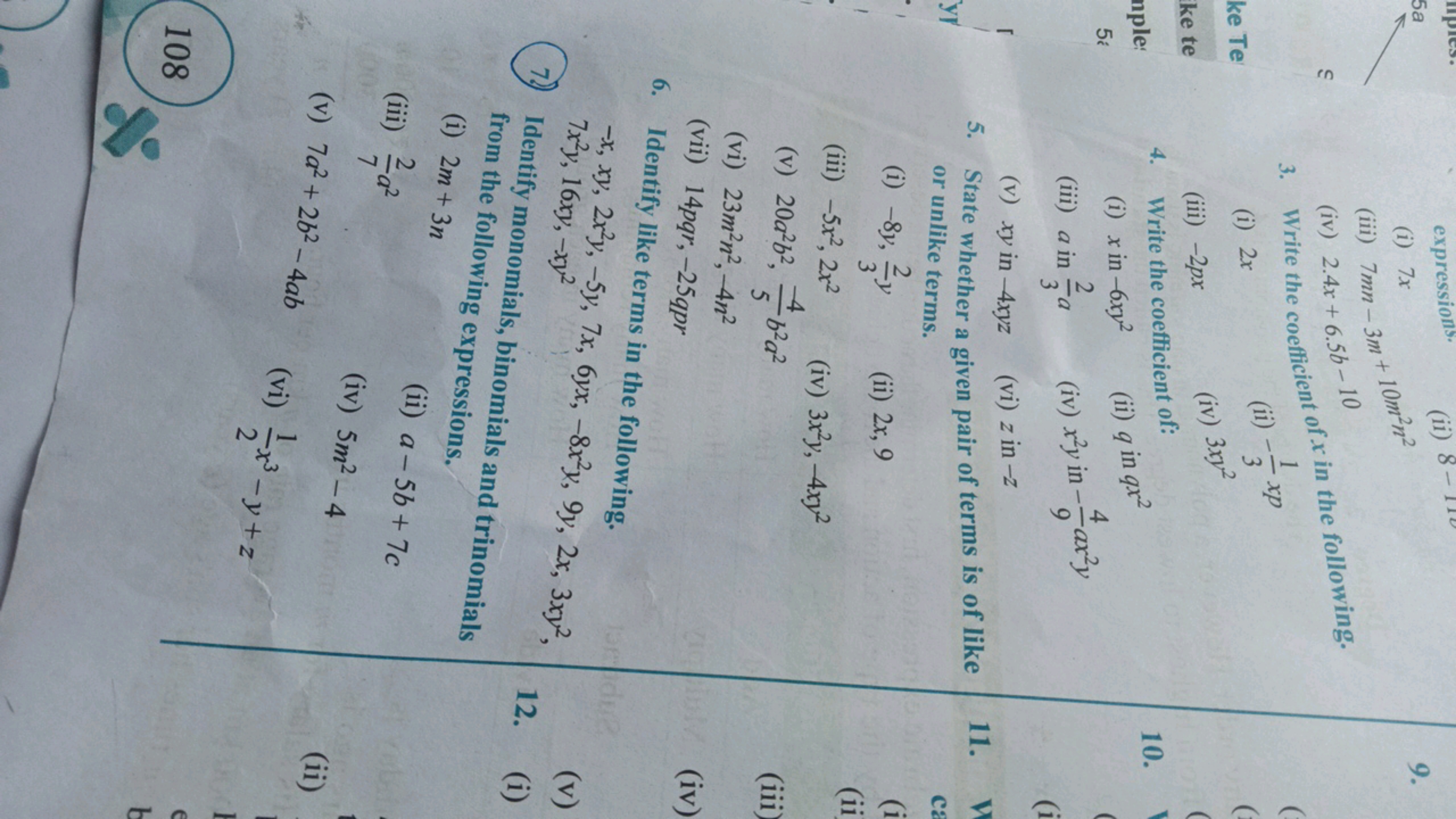 9.
upies.
5a
ke Te
ke te
mple
5
U
expressions.
(i) 7x
(ii) 8
(iii) 7mn