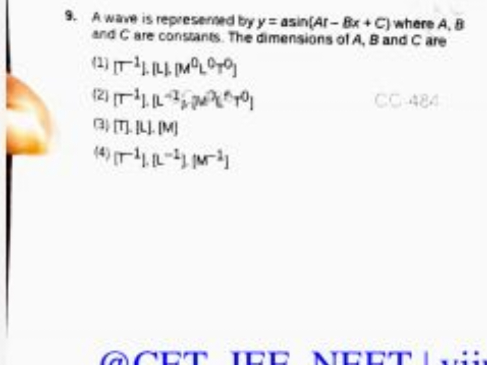 9. A wane is represemed by y=asin(Ar−Bx+C) where A,B and C are constan