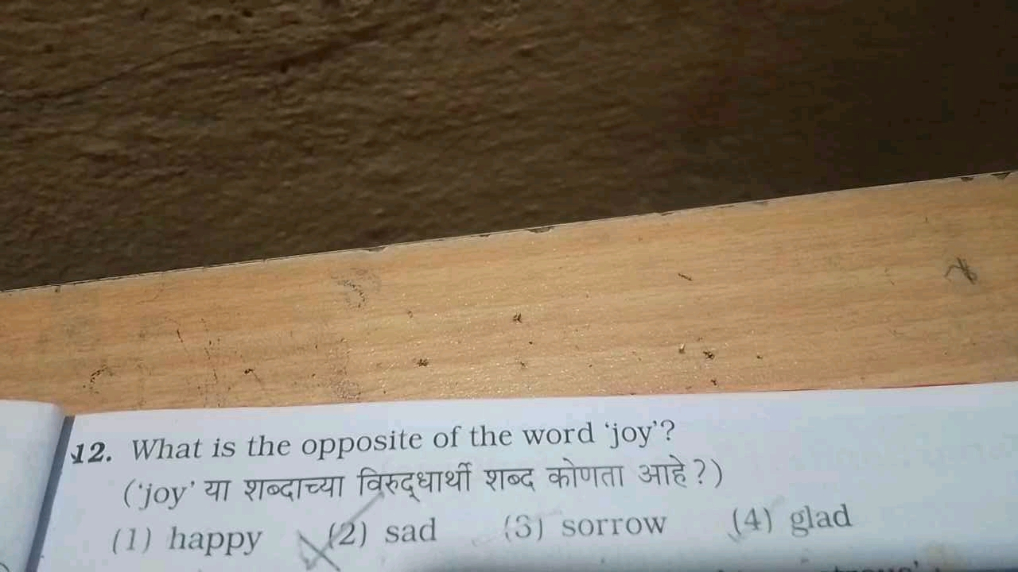 (joy
12. What is the opposite of the word 'joy'?
free?)
(1) happy
✓
(2