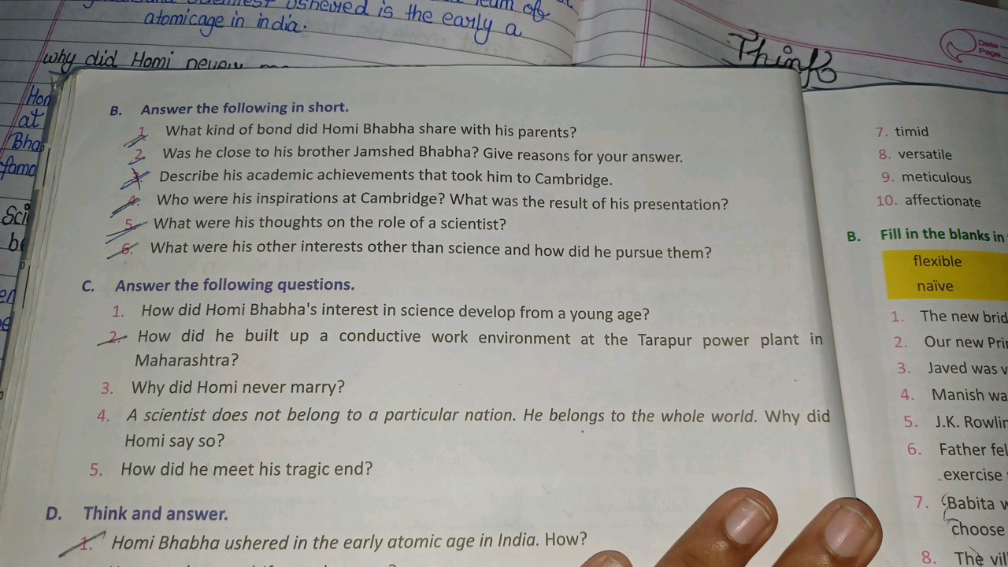 atomicage in in dias.
B. Answer the following in short.
7. timid
8. ve