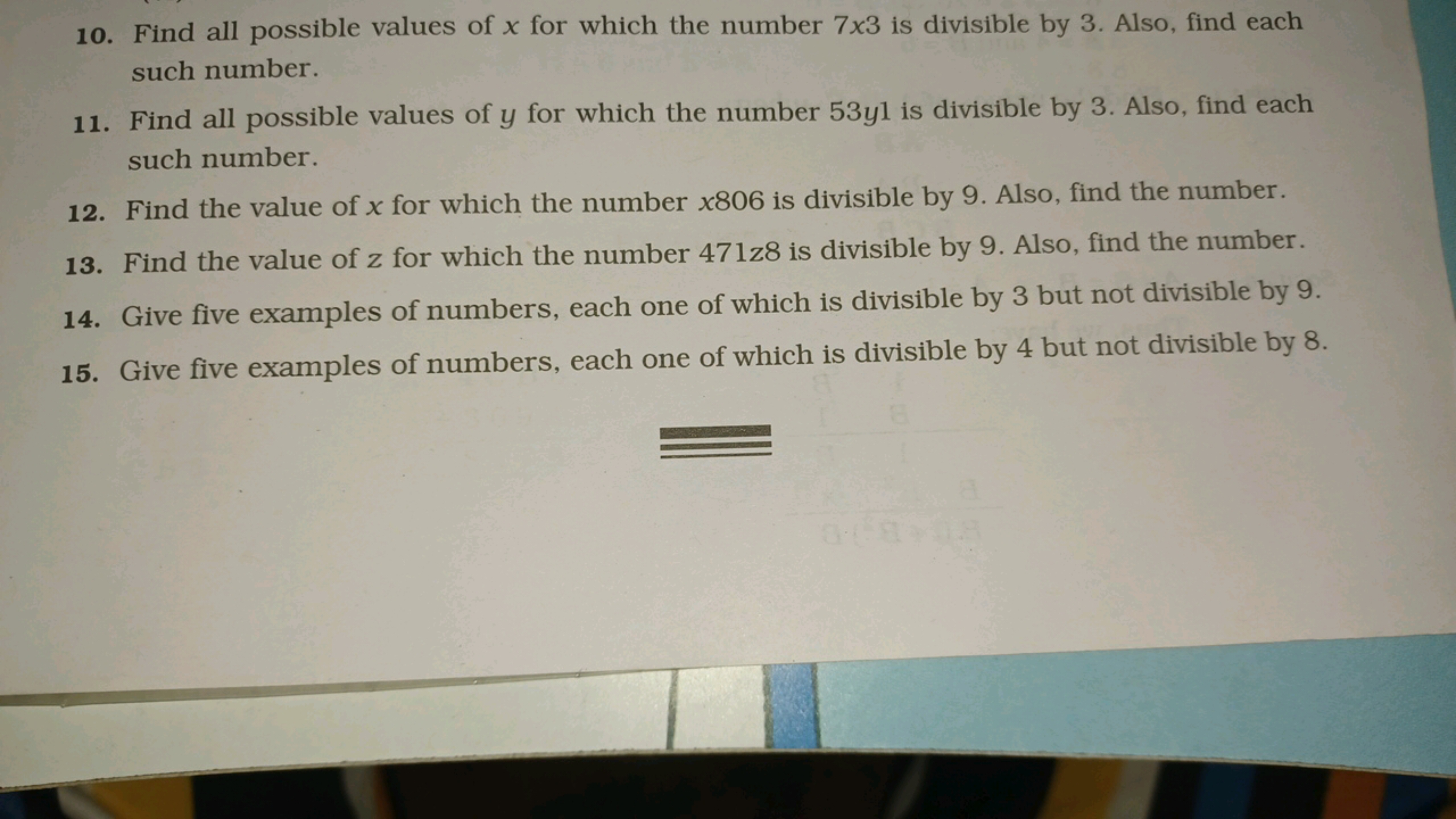 10. Find all possible values of x for which the number 7x3 is divisibl