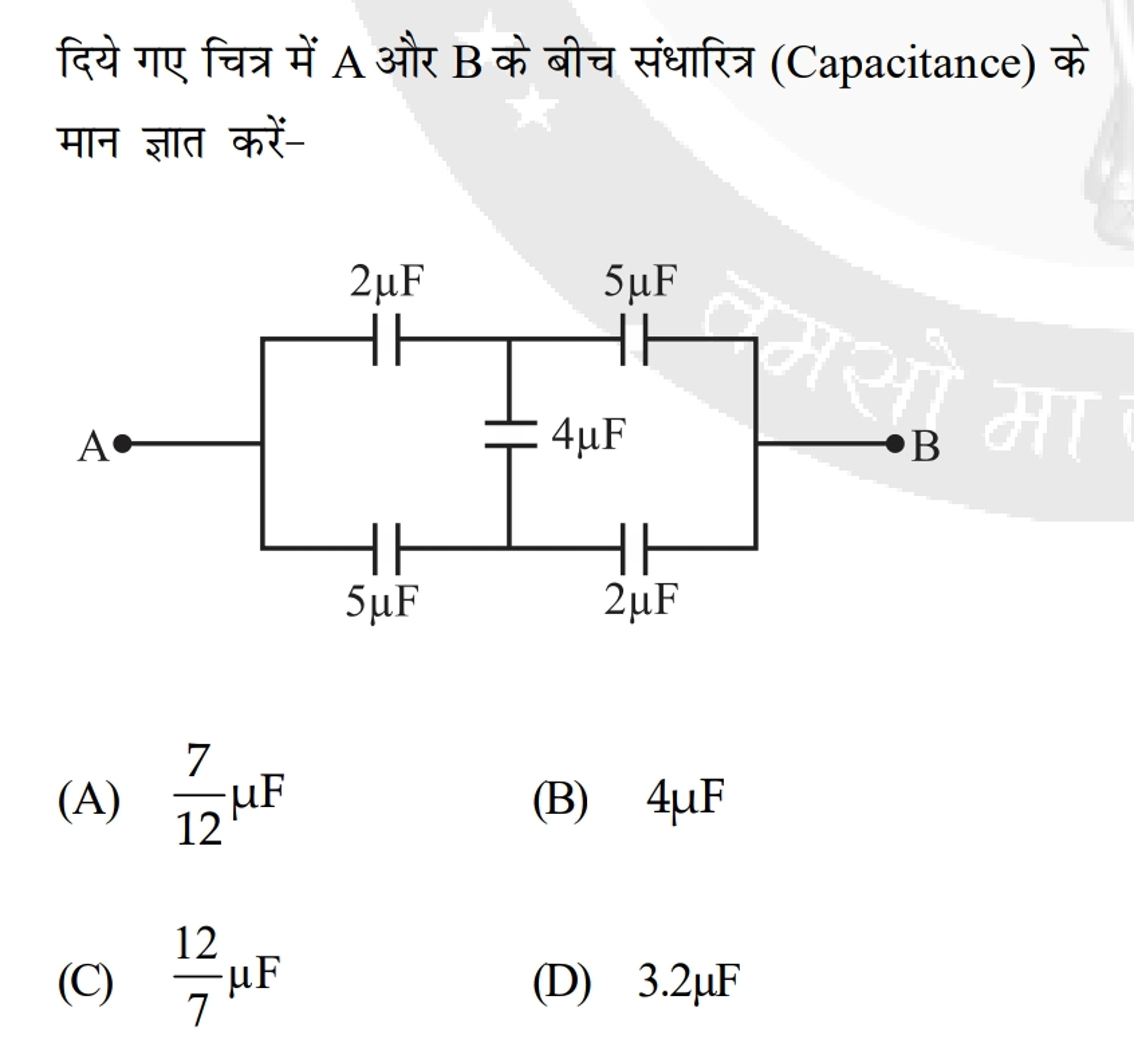 दिये गए चित्र में A और B के बीच संधारित्र (Capacitance) के मान ज्ञात क