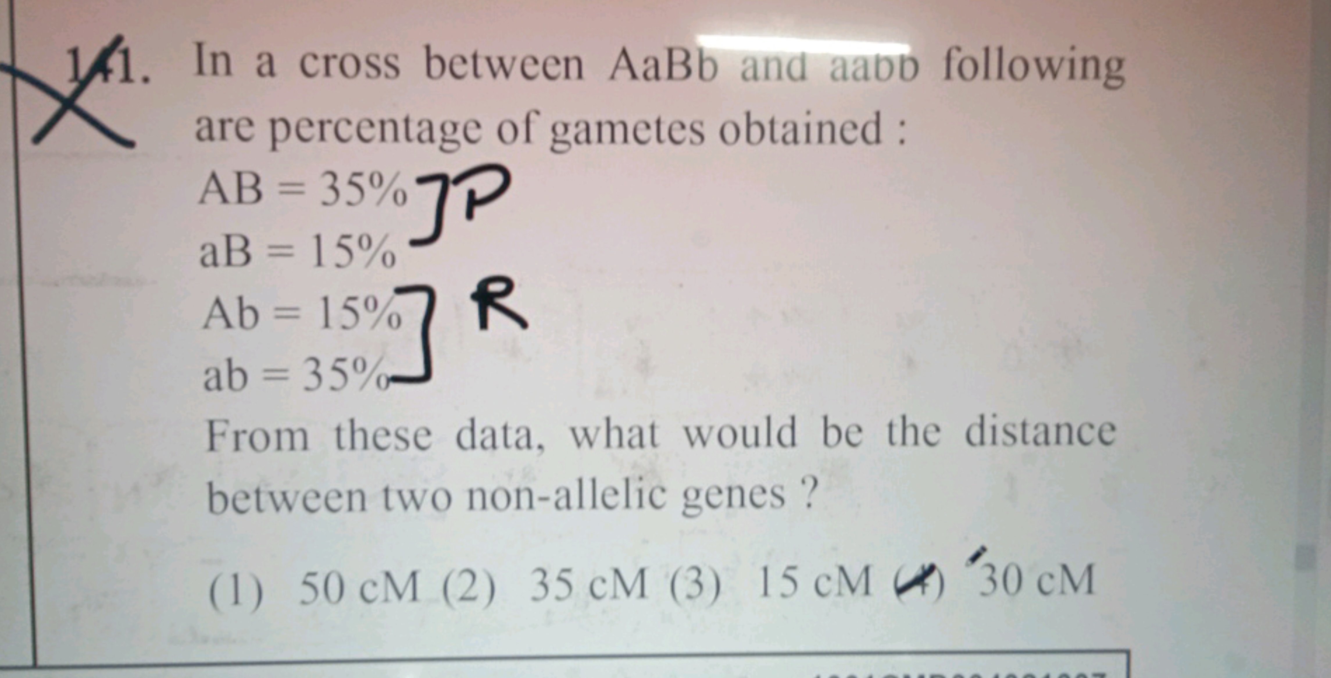 14. In a cross between AaBb and aabd following are percentage of gamet