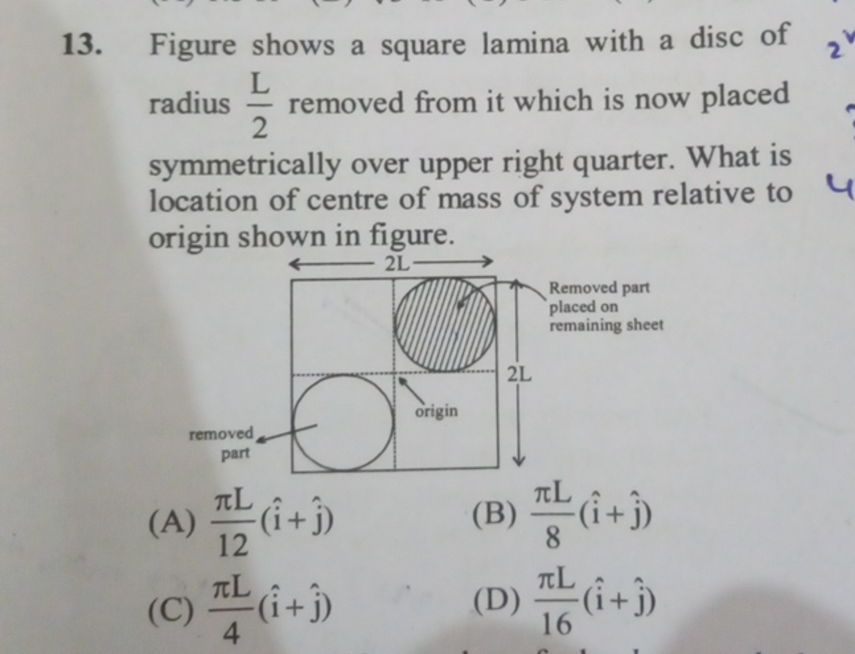 13. Figure shows a square lamina with a disc of radius 2L​ removed fro