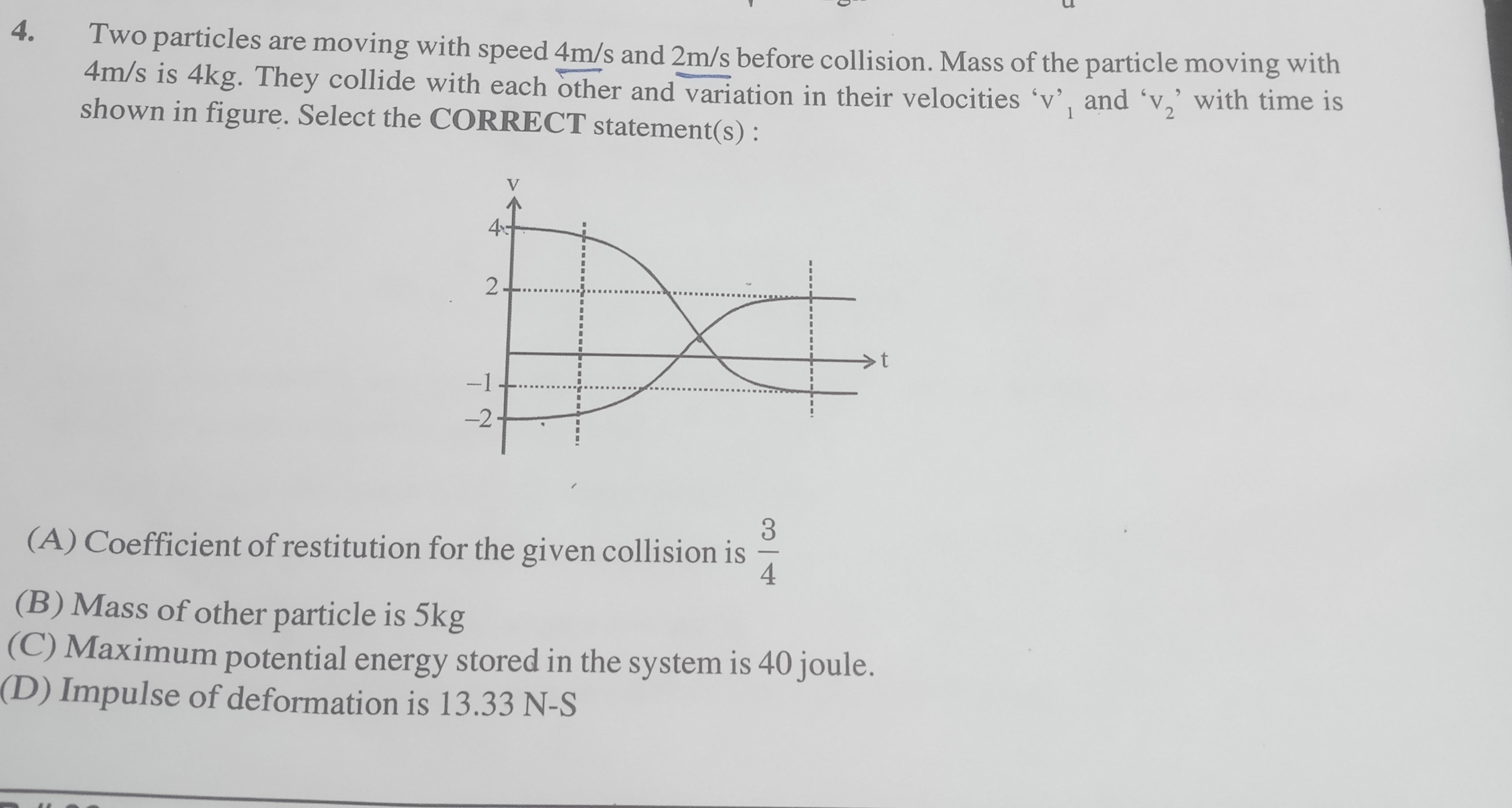 4. Two particles are moving with speed 4 m/s and 2 m/s before collisio