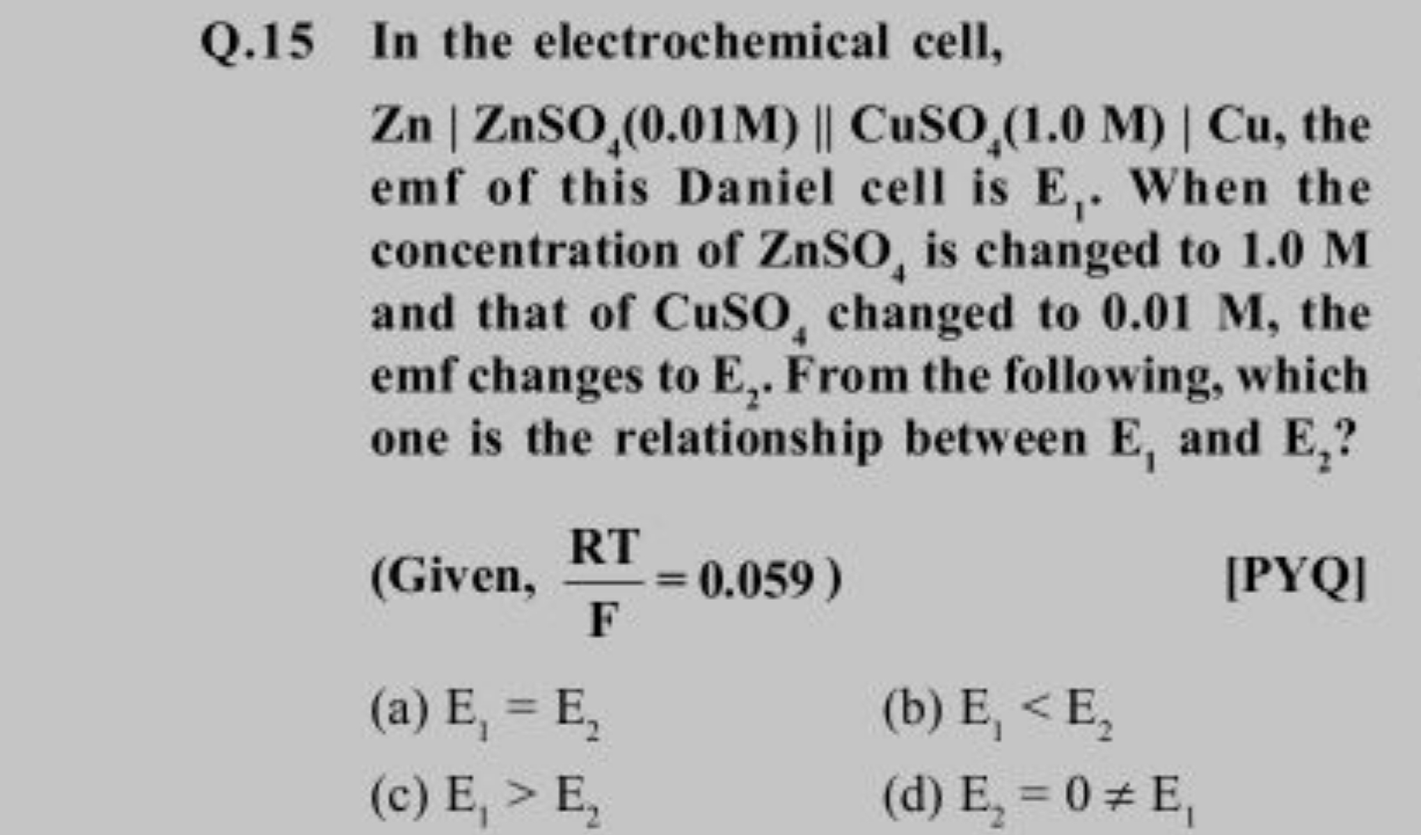 Q. 15 In the electrochemical cell, Zn∣ZnSO4​(0.01M)∥CuSO4​(1.0M)∣Cu, t