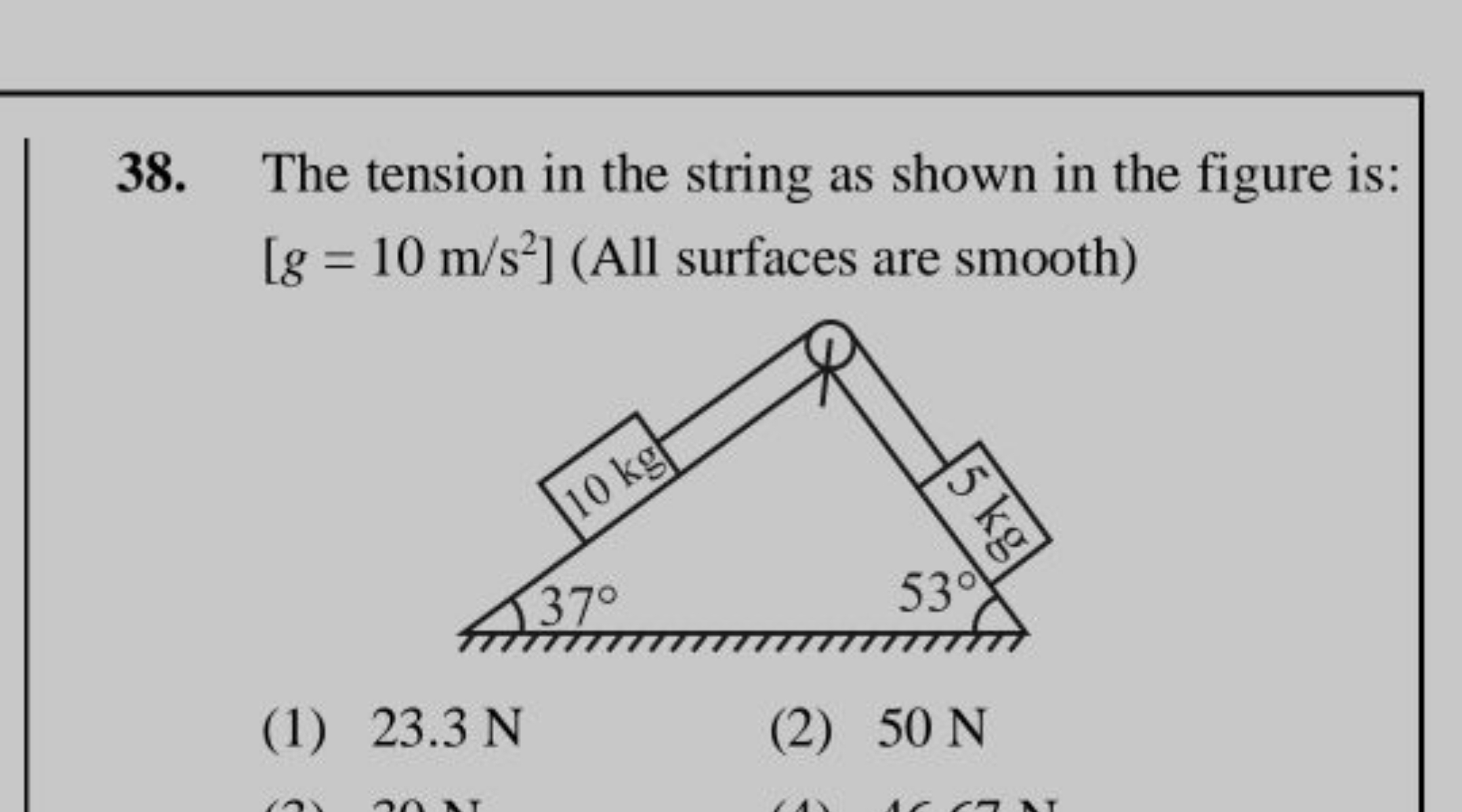 38. The tension in the string as shown in the figure is: [g=10 m/s2] (