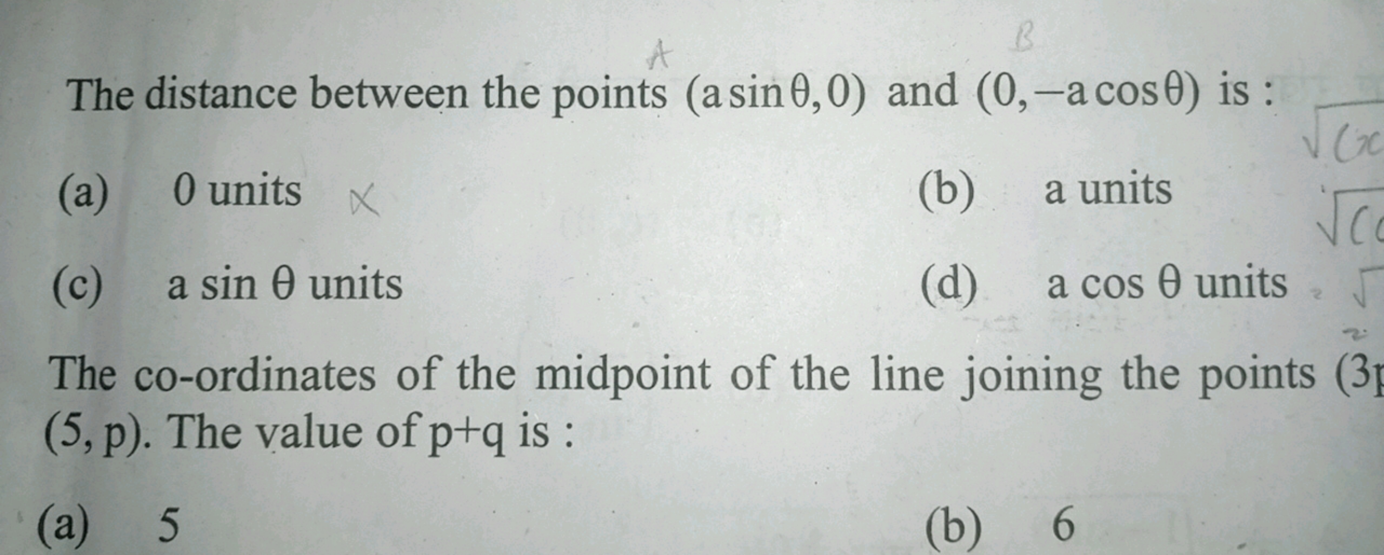 The distance between the points (asinθ,0) and (0,−acosθ) is :
(a) 0 un