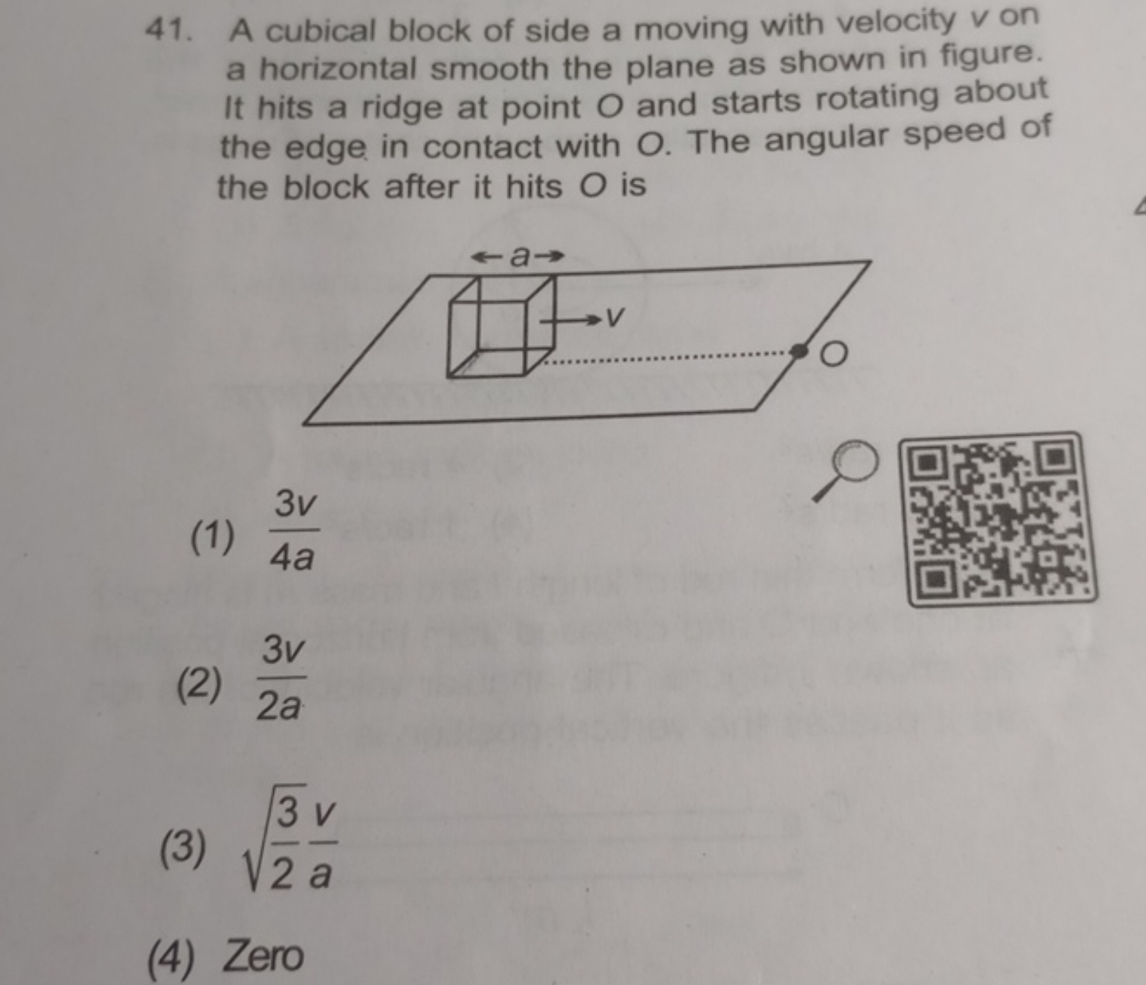 41. A cubical block of side a moving with velocity v on a horizontal s