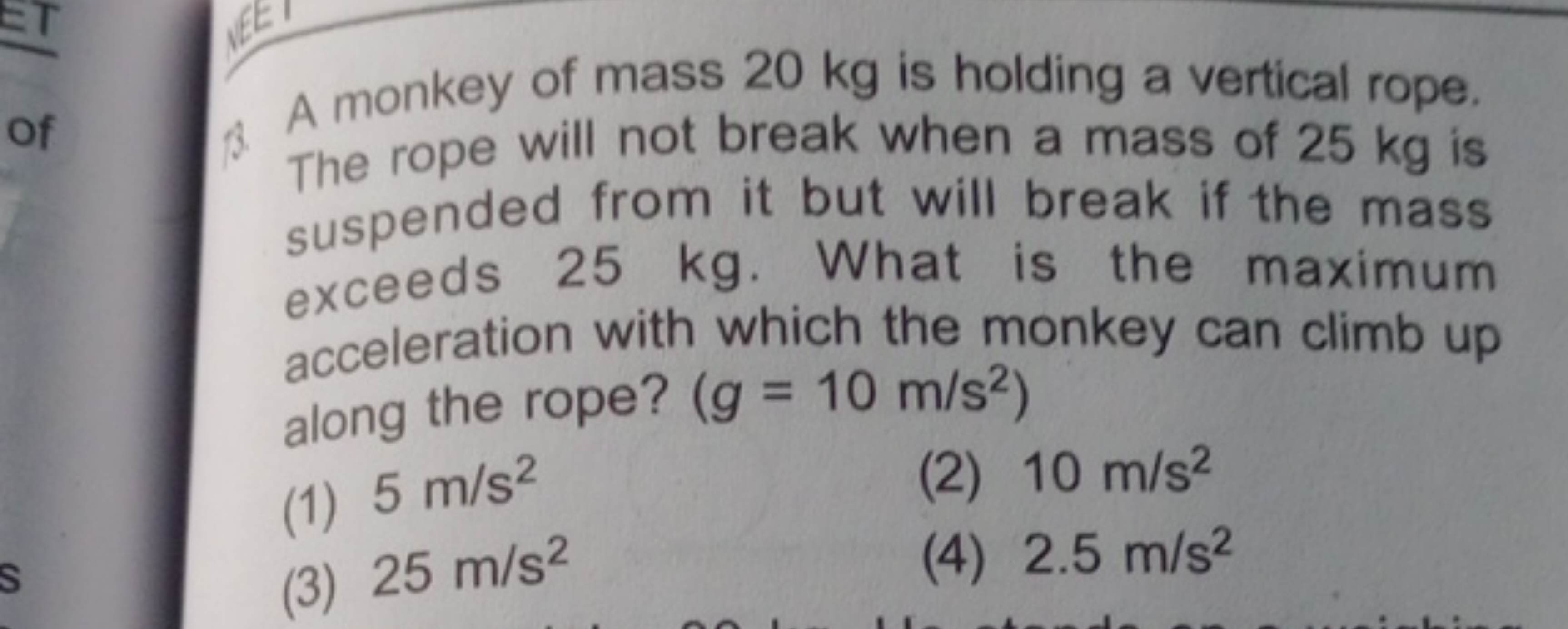 A monkey of mass 20 kg is holding a vertical rope. The rope will not b