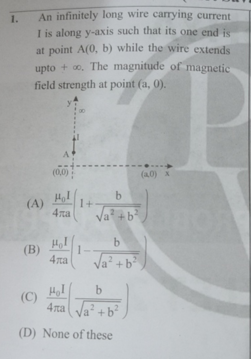 1. An infinitely long wire carrying current I is along y-axis such tha