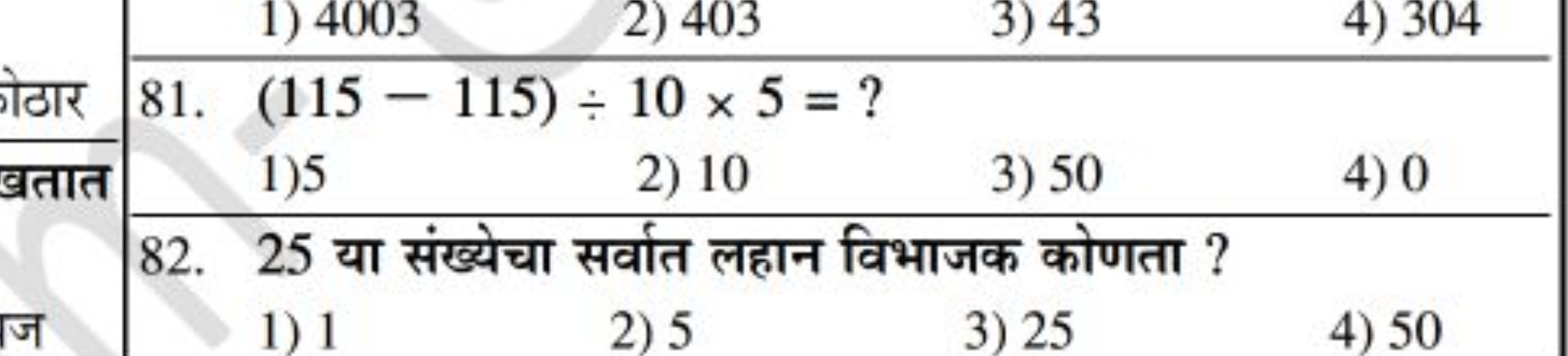 2) 403
3) 43
4) 304

ोठार 81. (115−115)÷10×5= ?
बतात
2) 10
3) 50
4) 0
