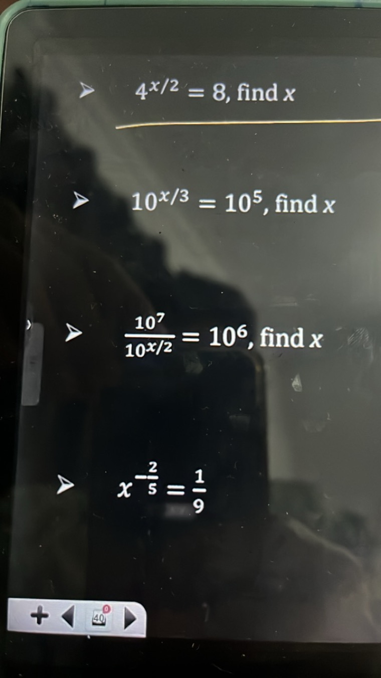 >4x/2=8, find x
>10x/3=105, find x
>10x/2107​=106, find x
x−52​=91​