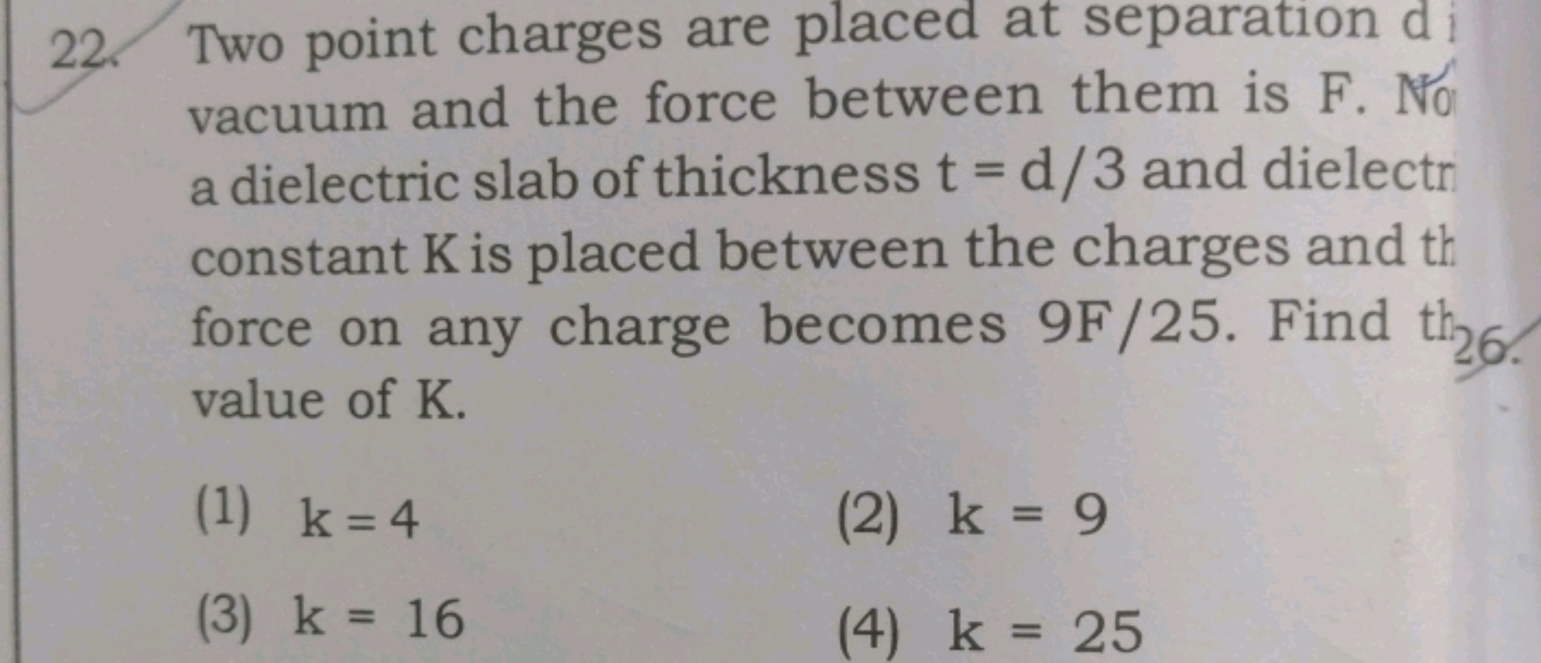 22. Two point charges are placed at separation di vacuum and the force