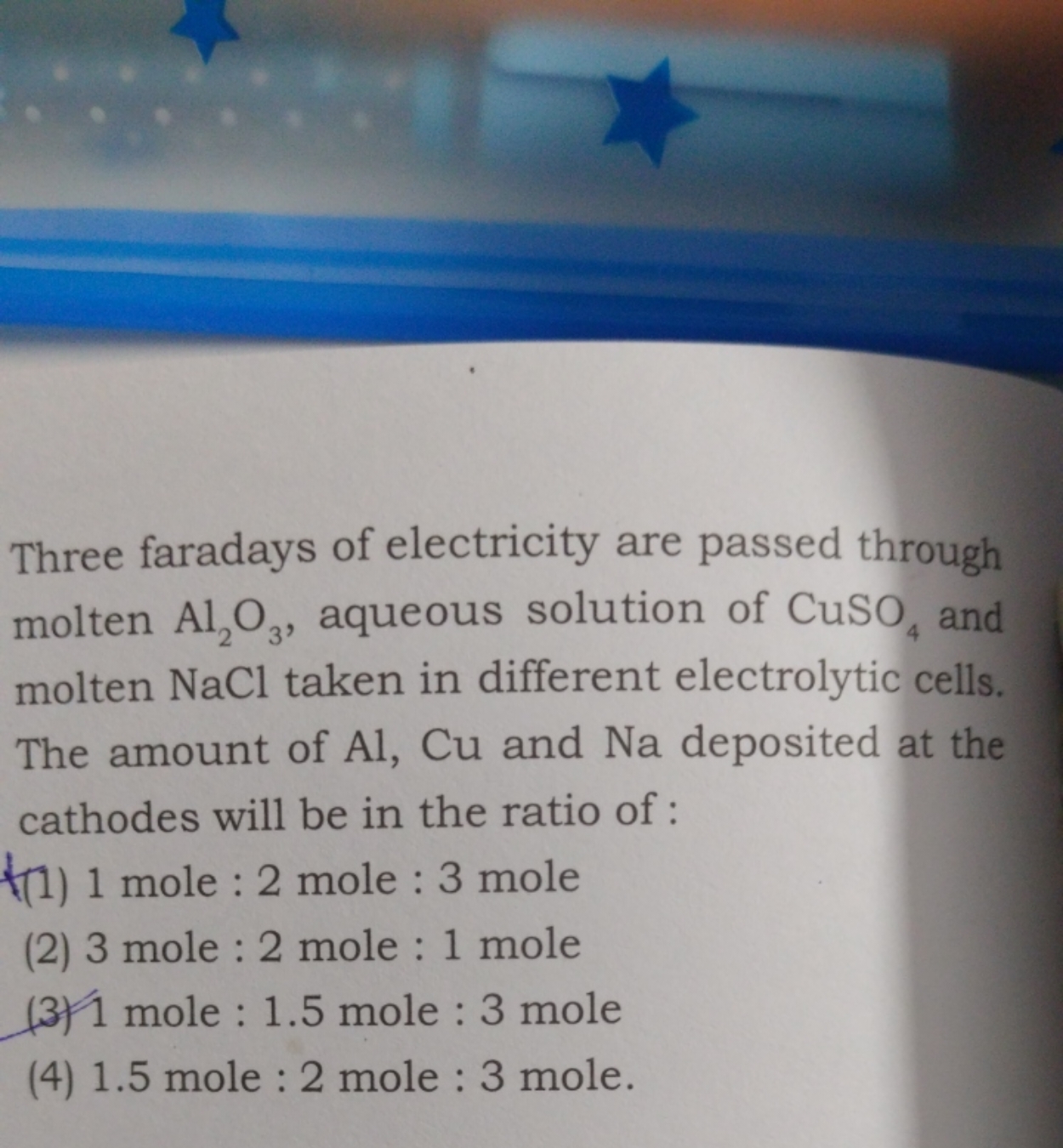 Three faradays of electricity are passed through molten Al2​O3​, aqueo