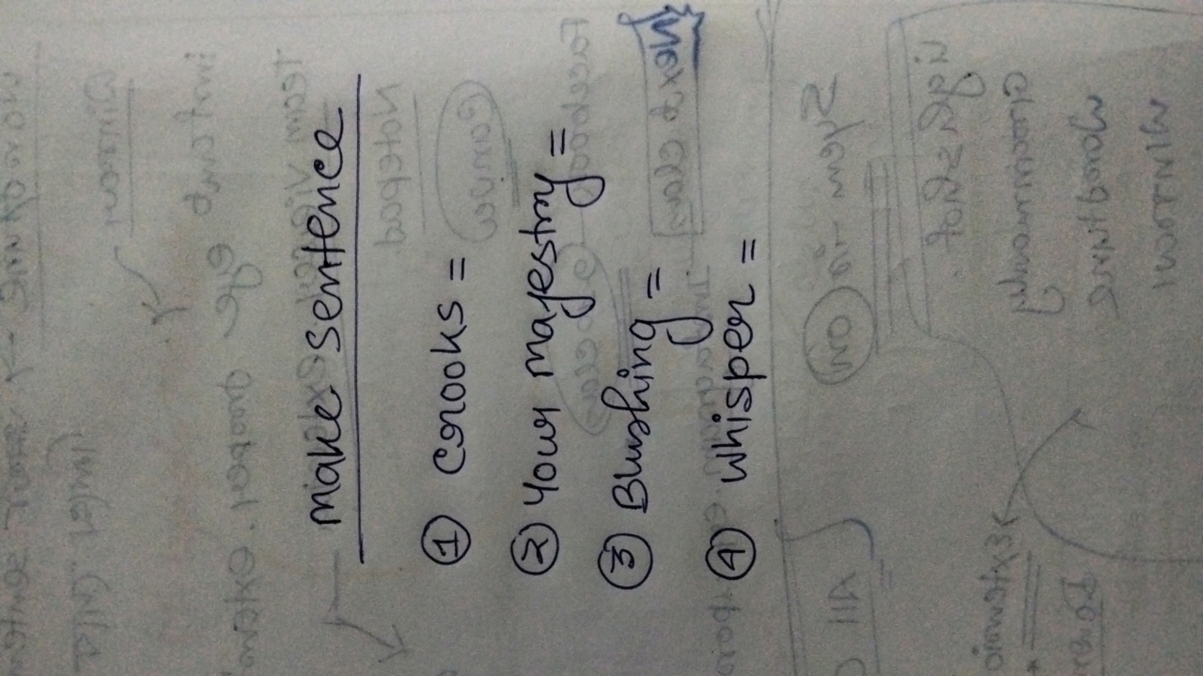 make sentence
(1) Crooks =
(2) Your majestry =
(3) Bushing =
(4) whisp