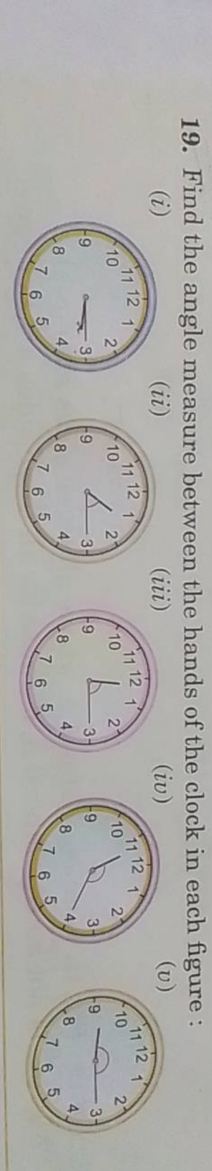 19. Find the angle measure between the hands of the clock in each figu