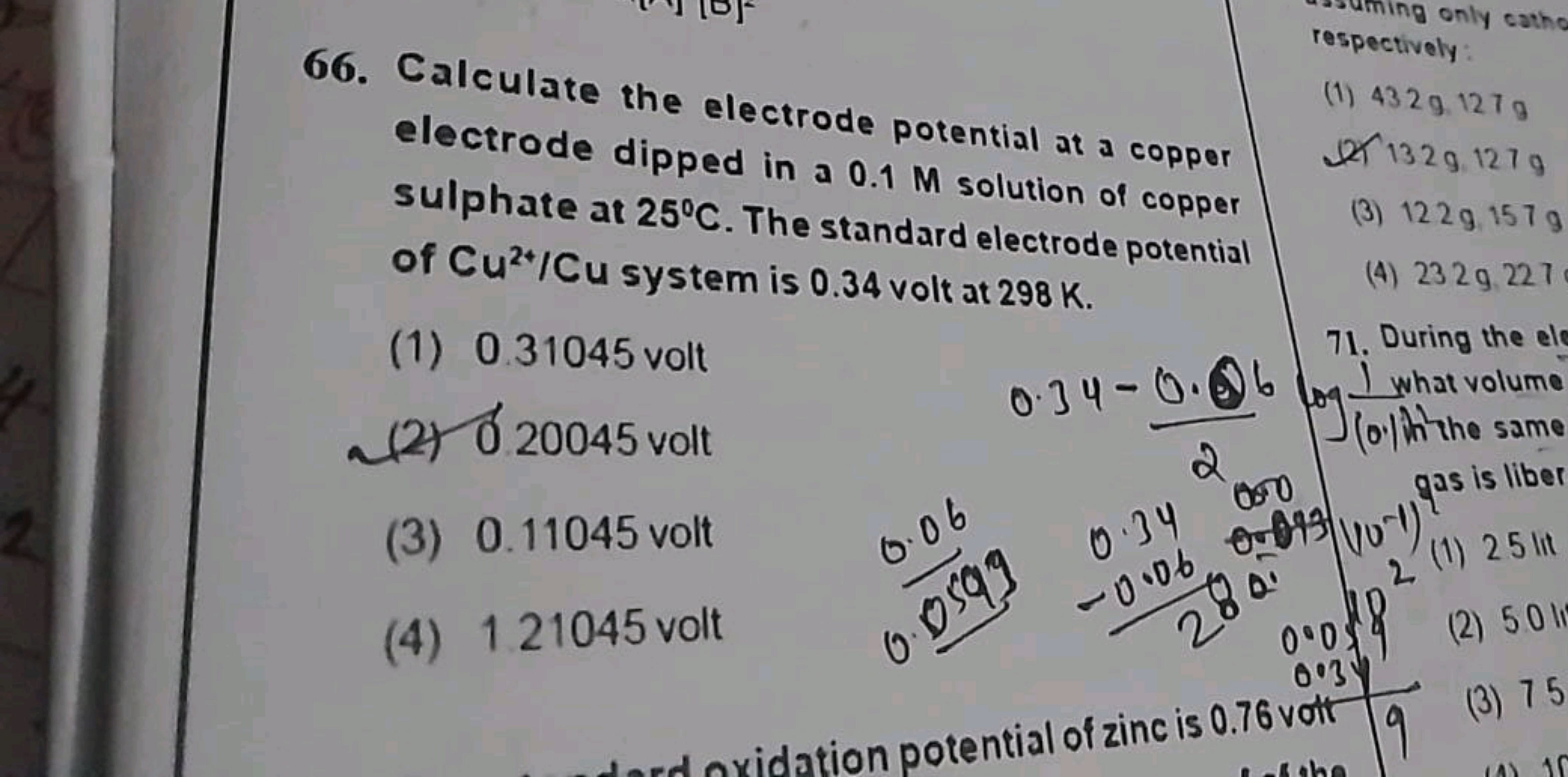 66. Calculate the electrode potential at a coppor electrode dipped in 