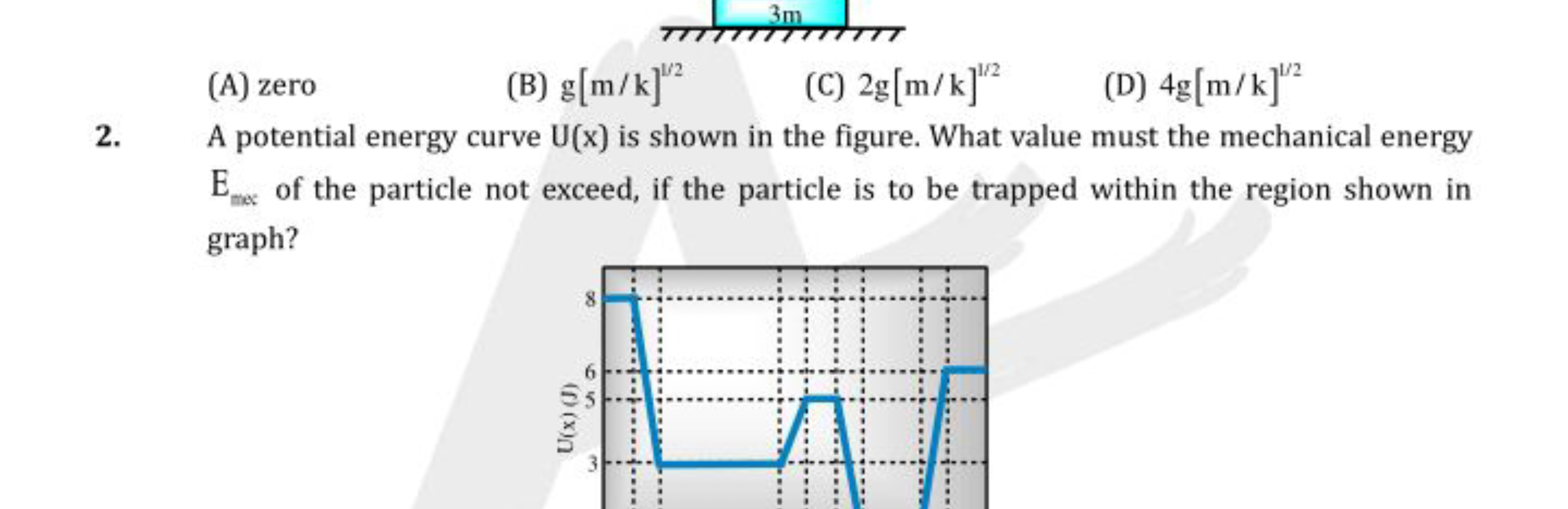 (A) zero
(B) g[m/k]1/2
(C) 2 g[ m/k]1/2
(D) 4 g[ m/k]1/2
2. A potentia