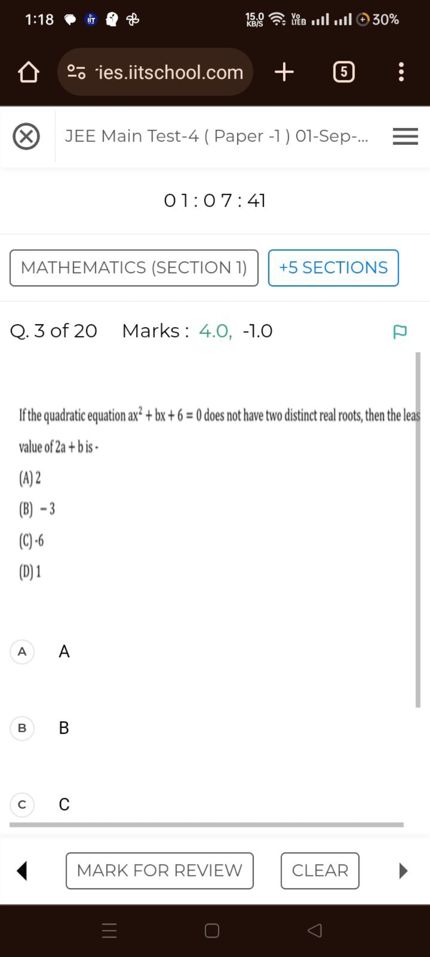 1:18
if
of
† 30%
®o ies.iitschool.com
5
JEE Main Test-4 ( Paper -1 ) 0