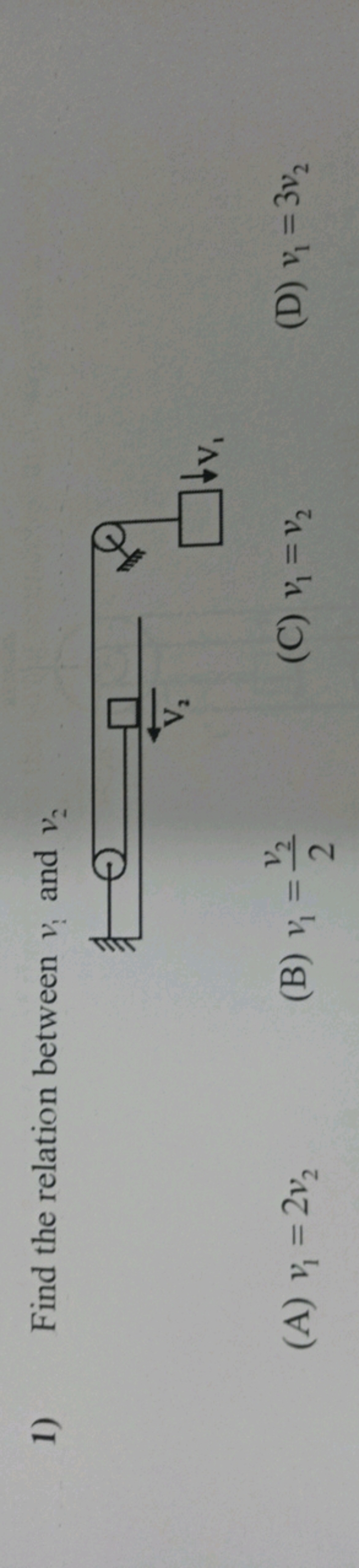 1) Find the relation between v1​ and v2​
(A) v1​=2v2​
(B) v1​=2v2​​
(C