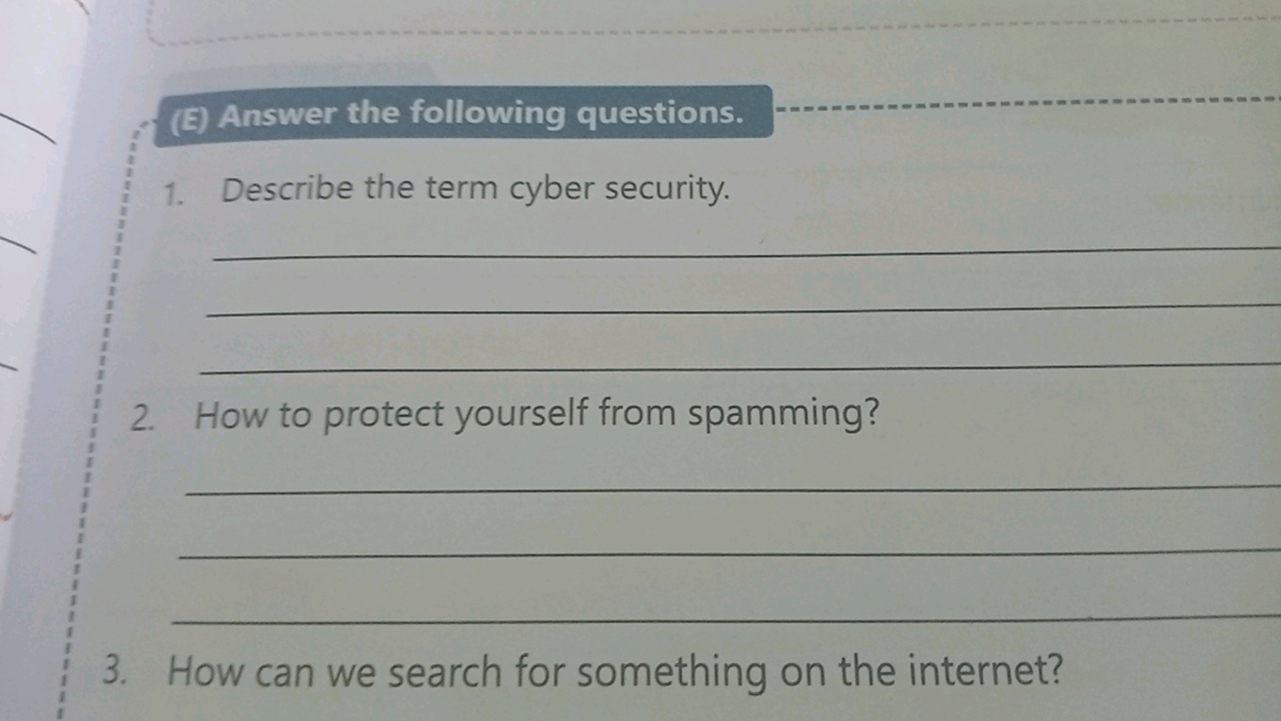 (E) Answer the following questions.
1. Describe the term cyber securit