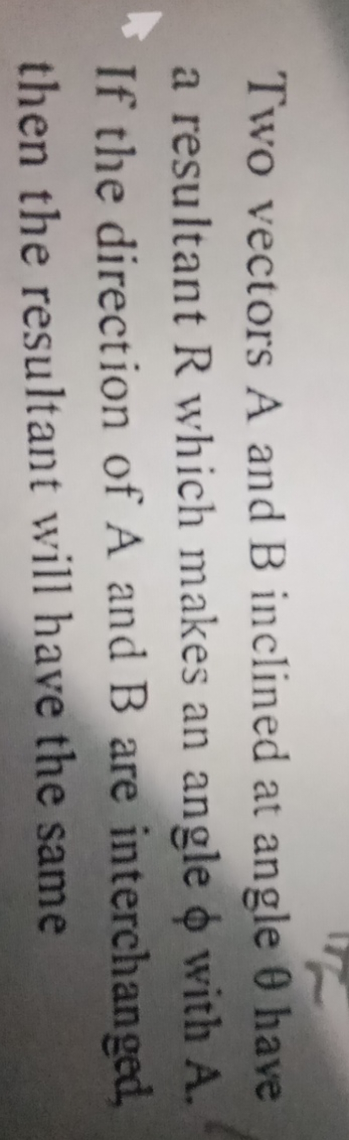 Two vectors A and B inclined at angle θ have a resultant R which makes