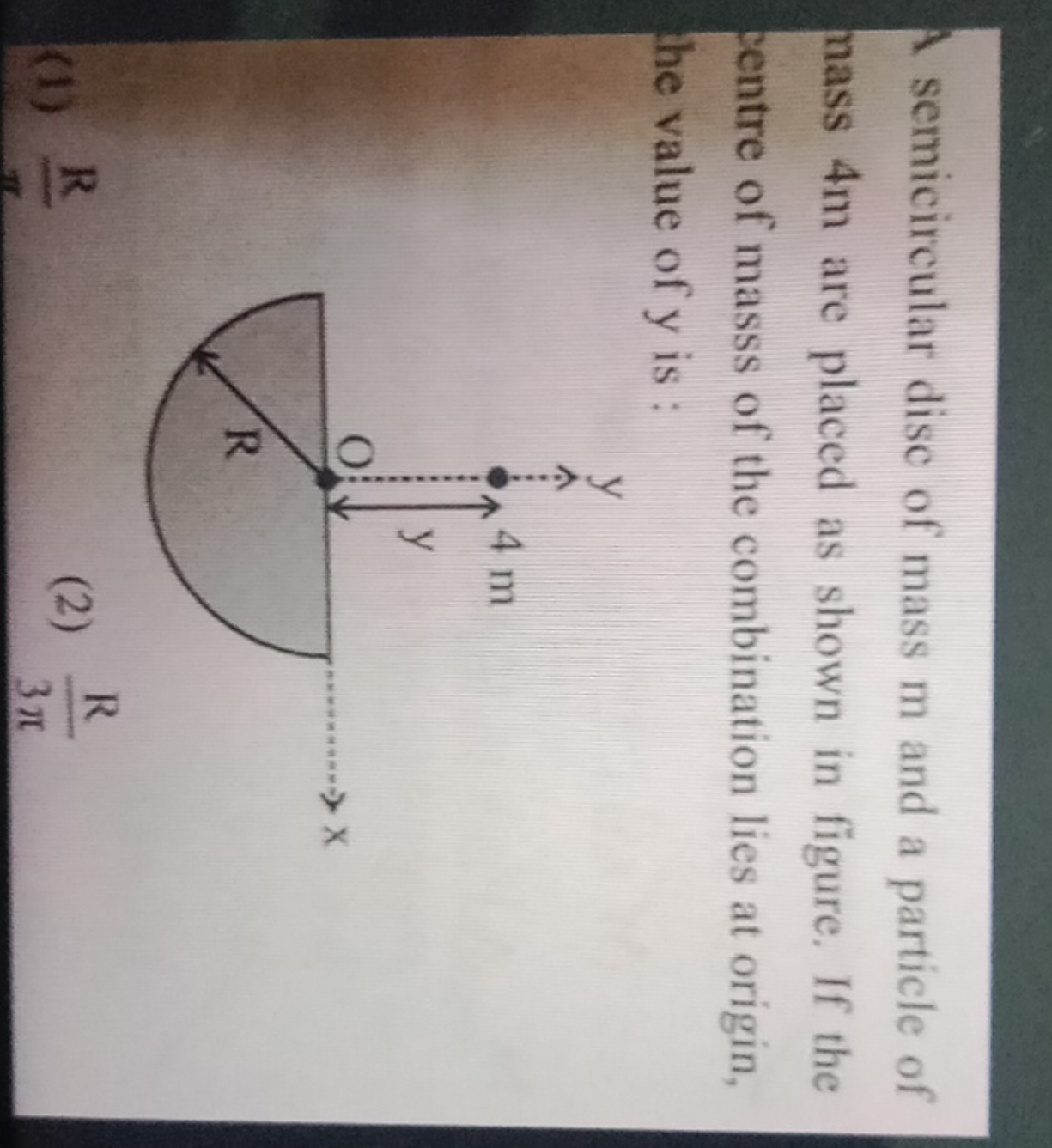 semicircular disc of mass m and a particle of nass 4 m are placed as s