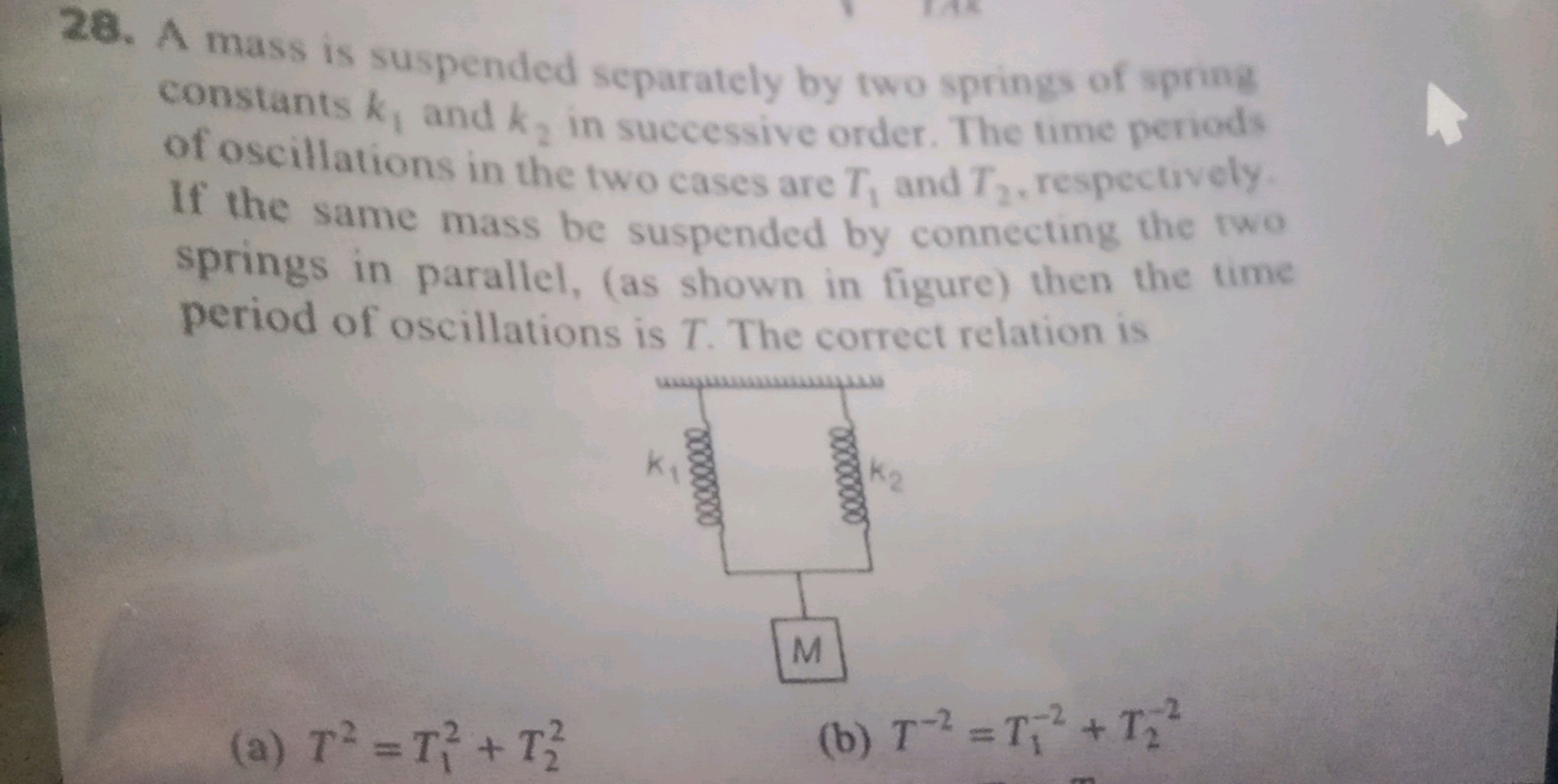 28. A mass is suspended separately by two springs of spring constants 