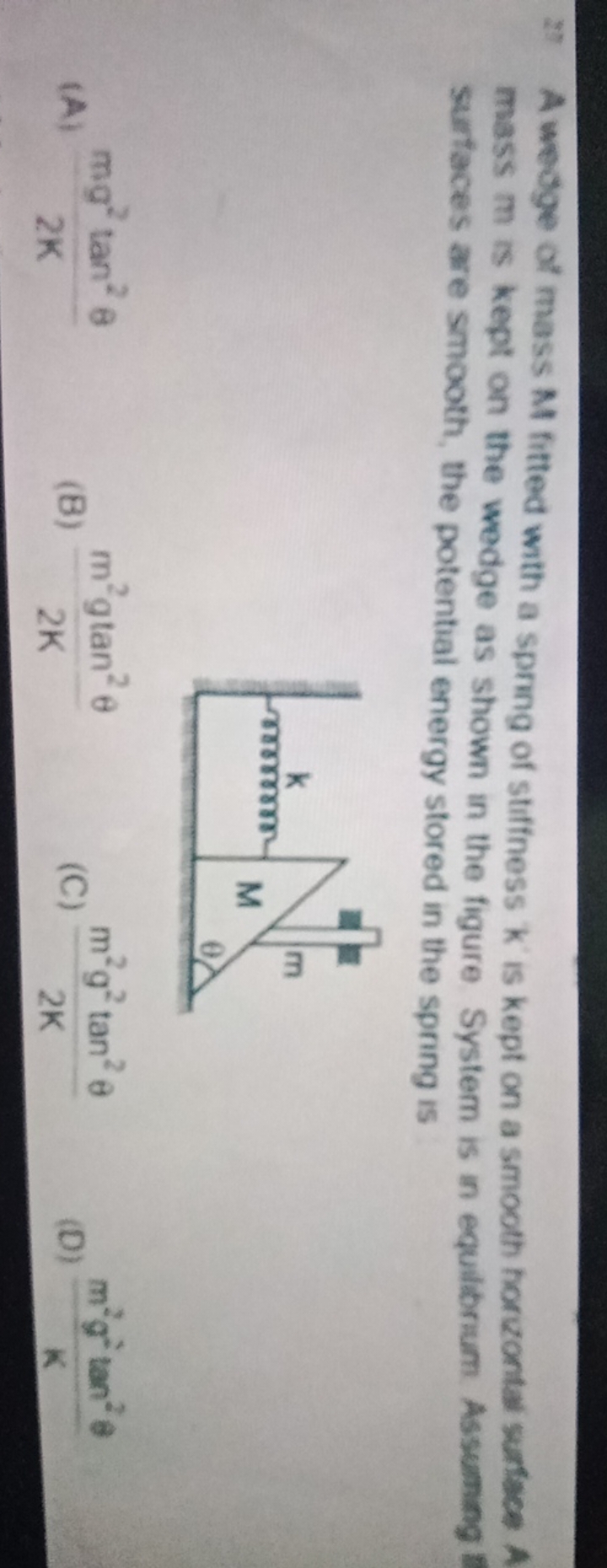 21 A wedge of mass M fifted with a spring of stiffess k is kept on a s