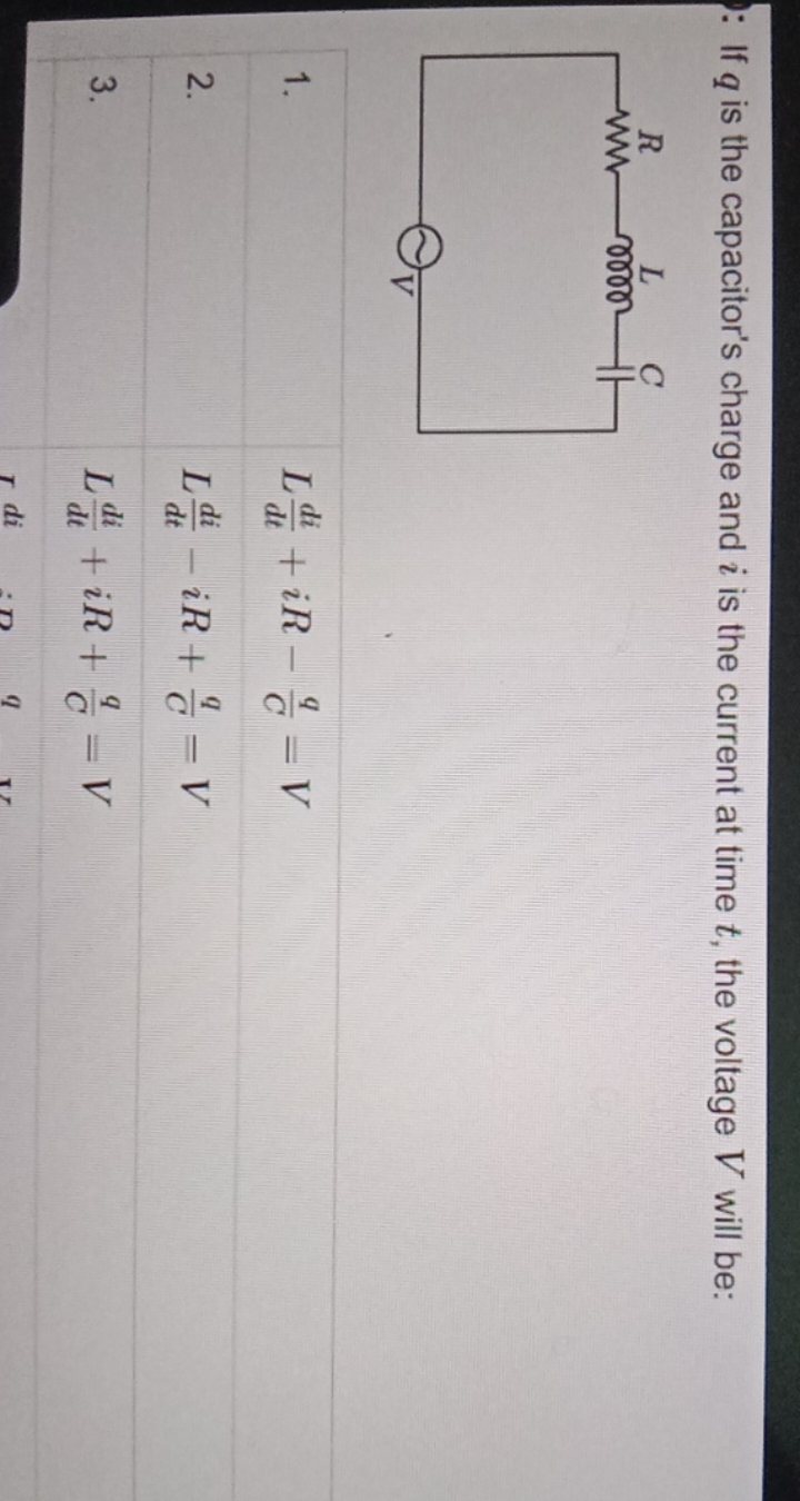 If q is the capacitor's charge and i is the current at time t, the vol