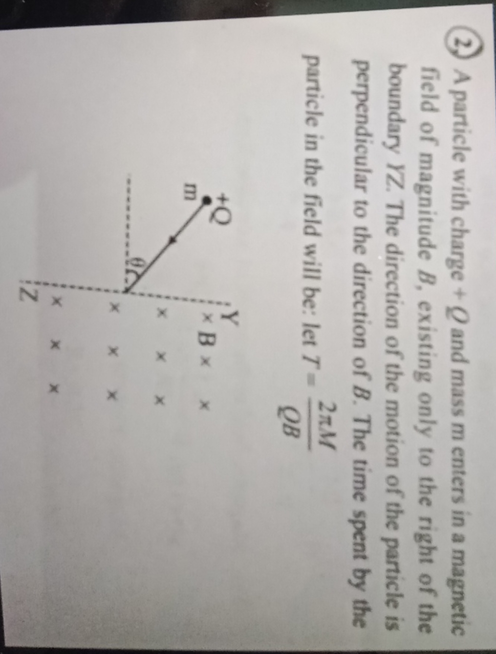 2.) A particle with charge +Q and mass m enters in a magnetic field of