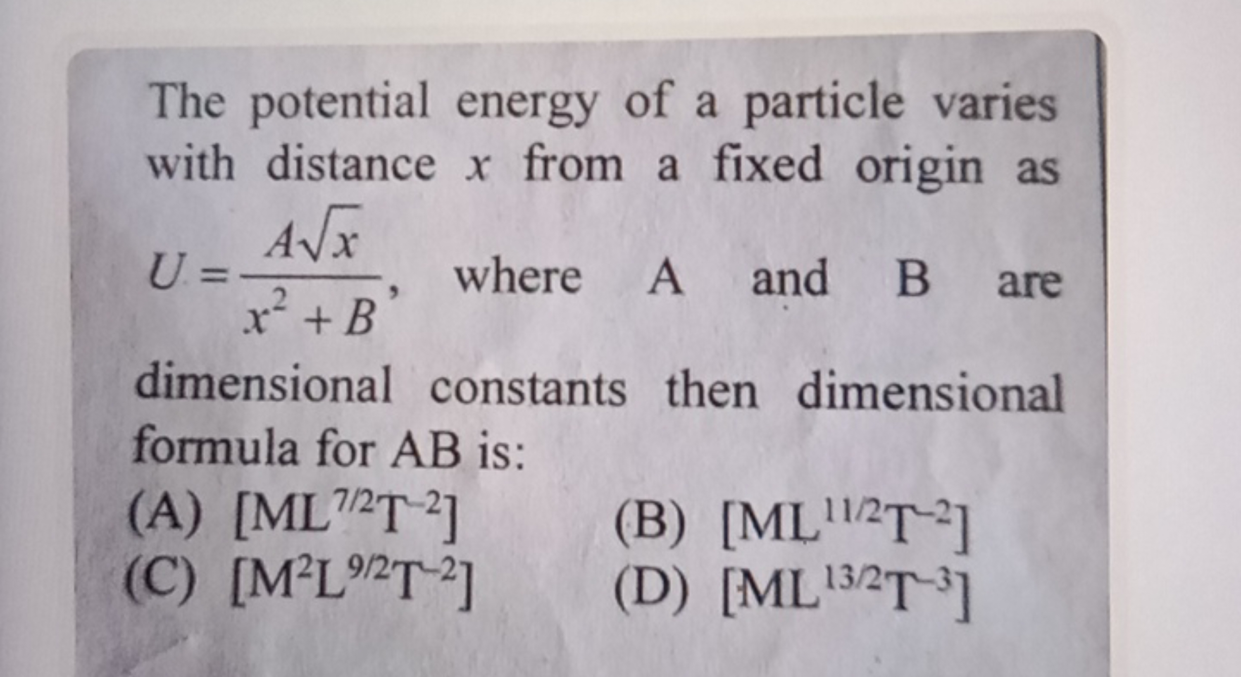 The potential energy of a particle varies with distance x from a fixed