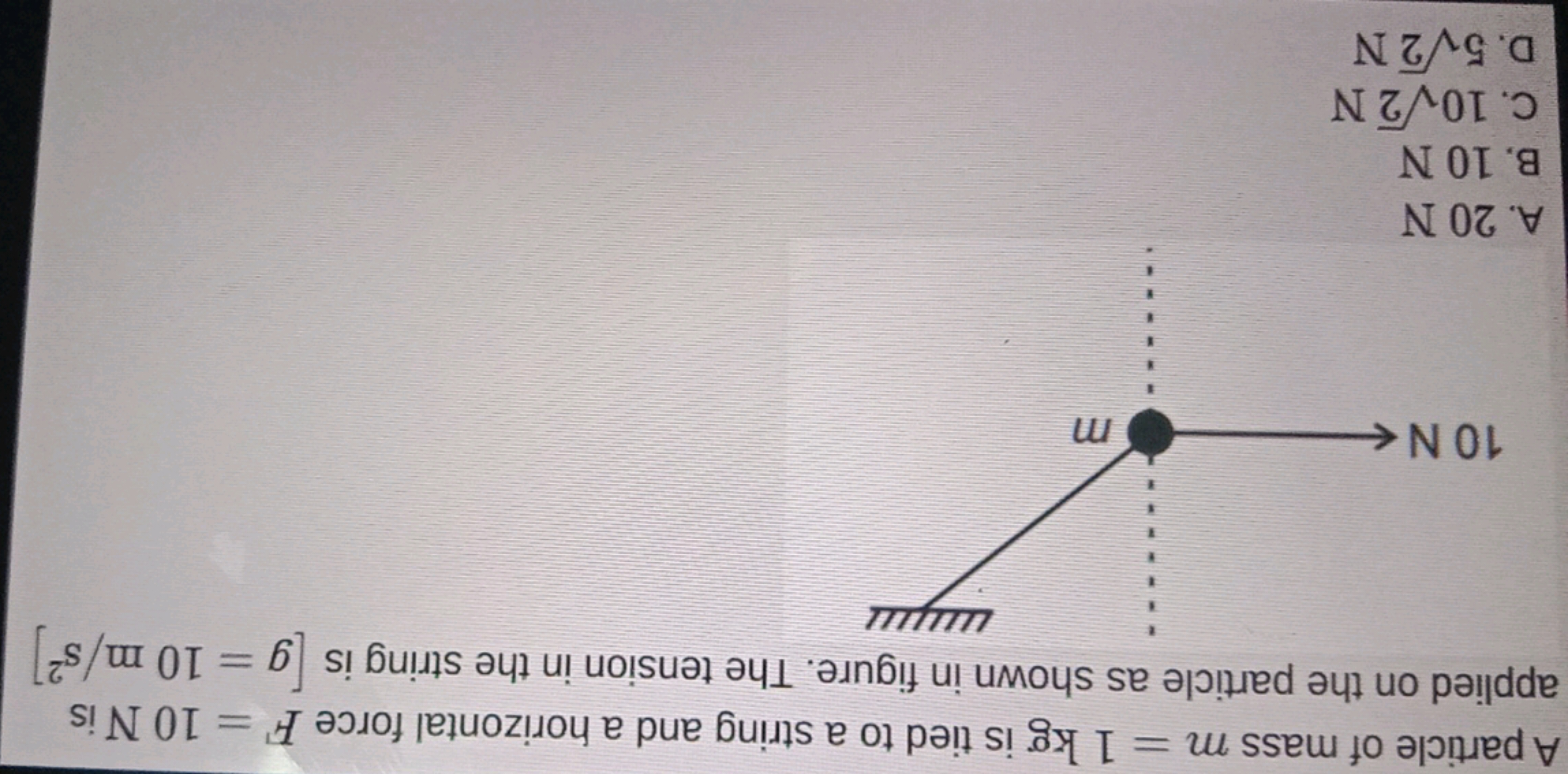 A particle of mass m=1 kg is tied to a string and a horizontal force F