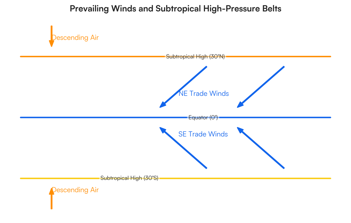 generate a diagram showing the prevailing winds in hot-dry climate region..