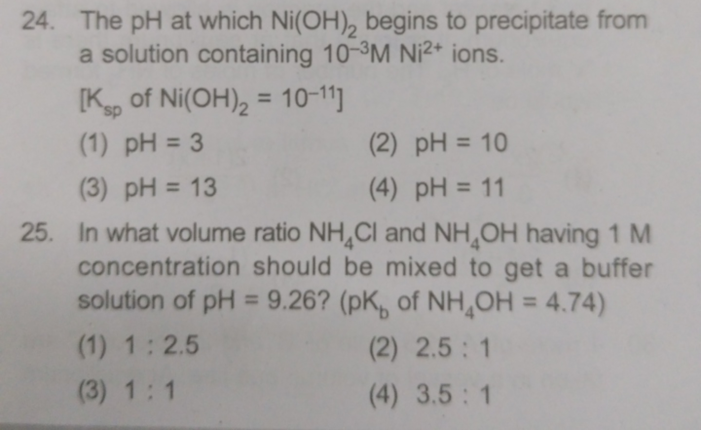 24. The pH at which Ni(OH)2​ begins to precipitate from a solution con