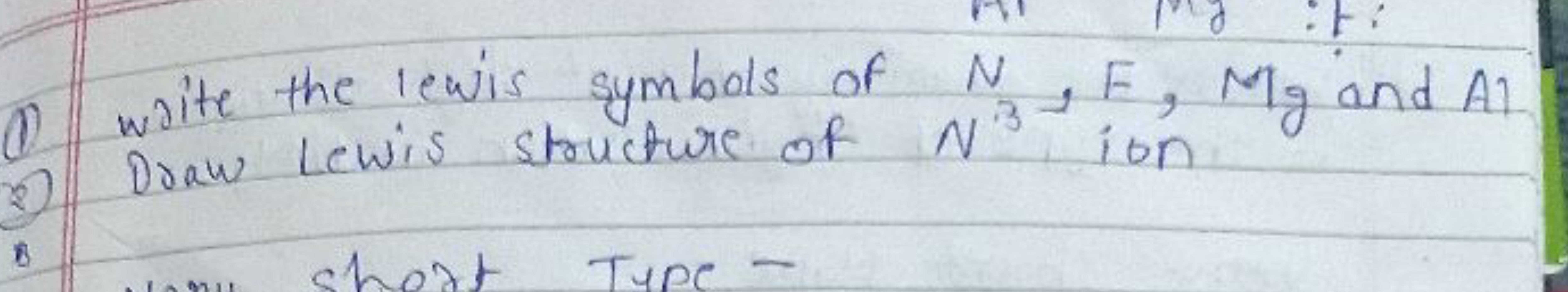 (1) write the lewis symbols of N,F,Mg and A )
(2) Draw Lewis structure