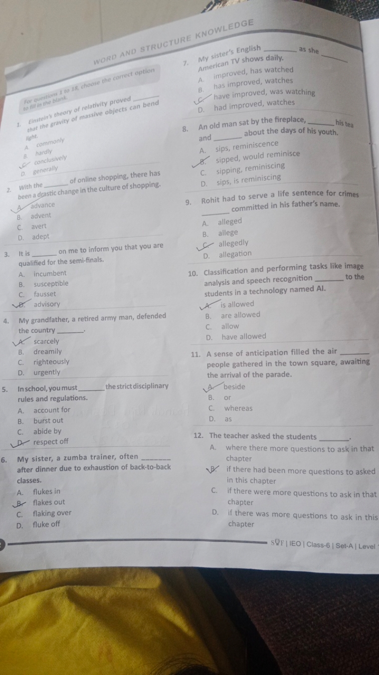 WORD AND STRUCTURE KNOWLEDGE
tor questions 1 to 18 , choose the correc