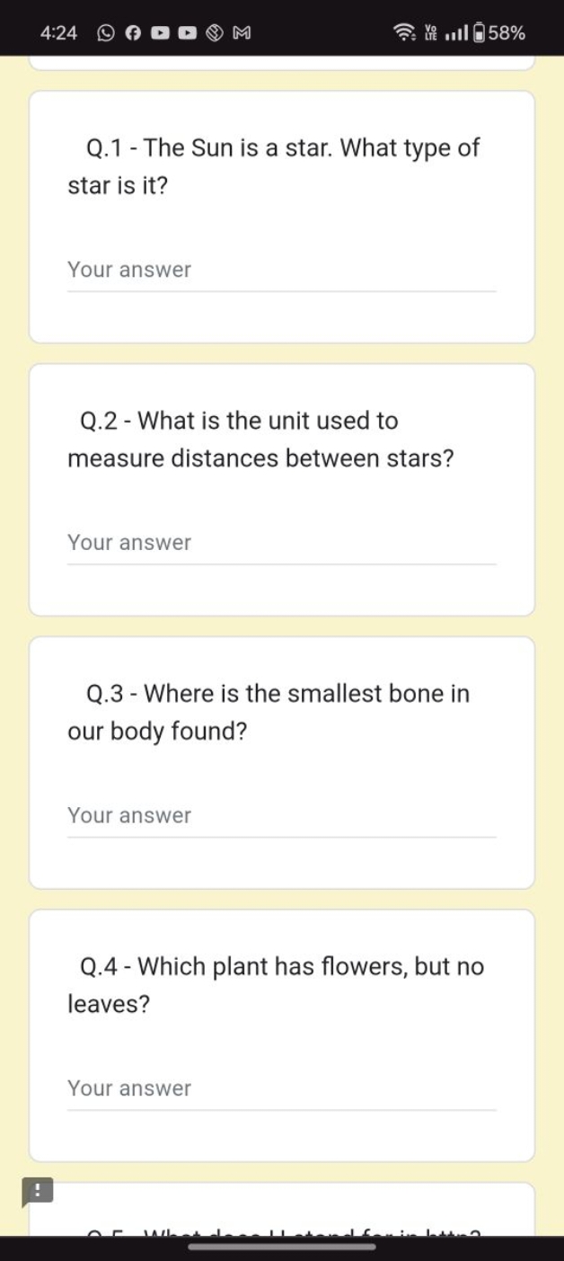 4:24
M
Q. 1 - The Sun is a star. What type of star is it?

Your answer