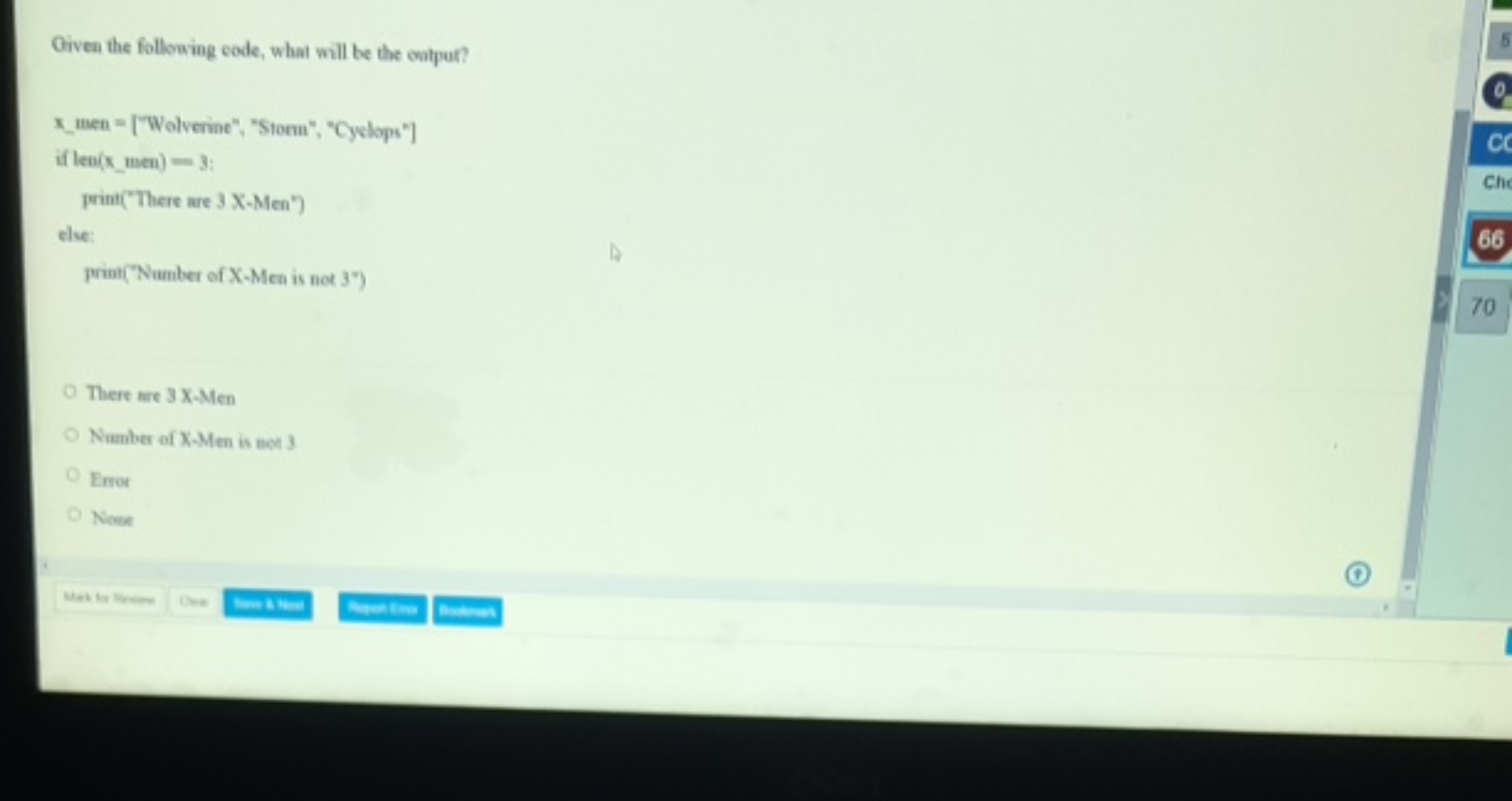 Oiven the following code, what will be the cutpur?
\[
\begin{array} { 