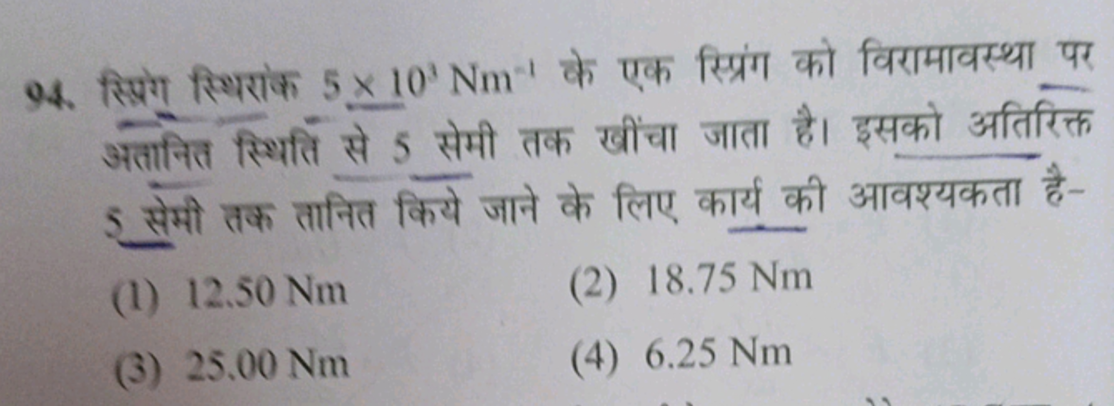 94. स्प्रिग स्थिरांक 5×103Nm−1 के एक स्त्रिंग को विरामावस्था पर अतानित