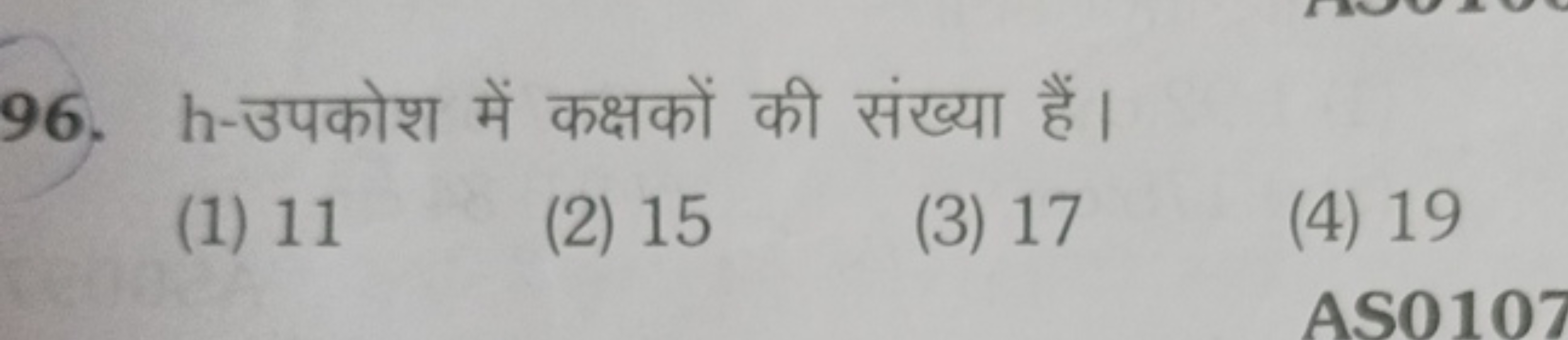 96. h-उपकोश में कक्षकों की संख्या हैं।
(1) 11
(2) 15
(3) 17
(4) 19