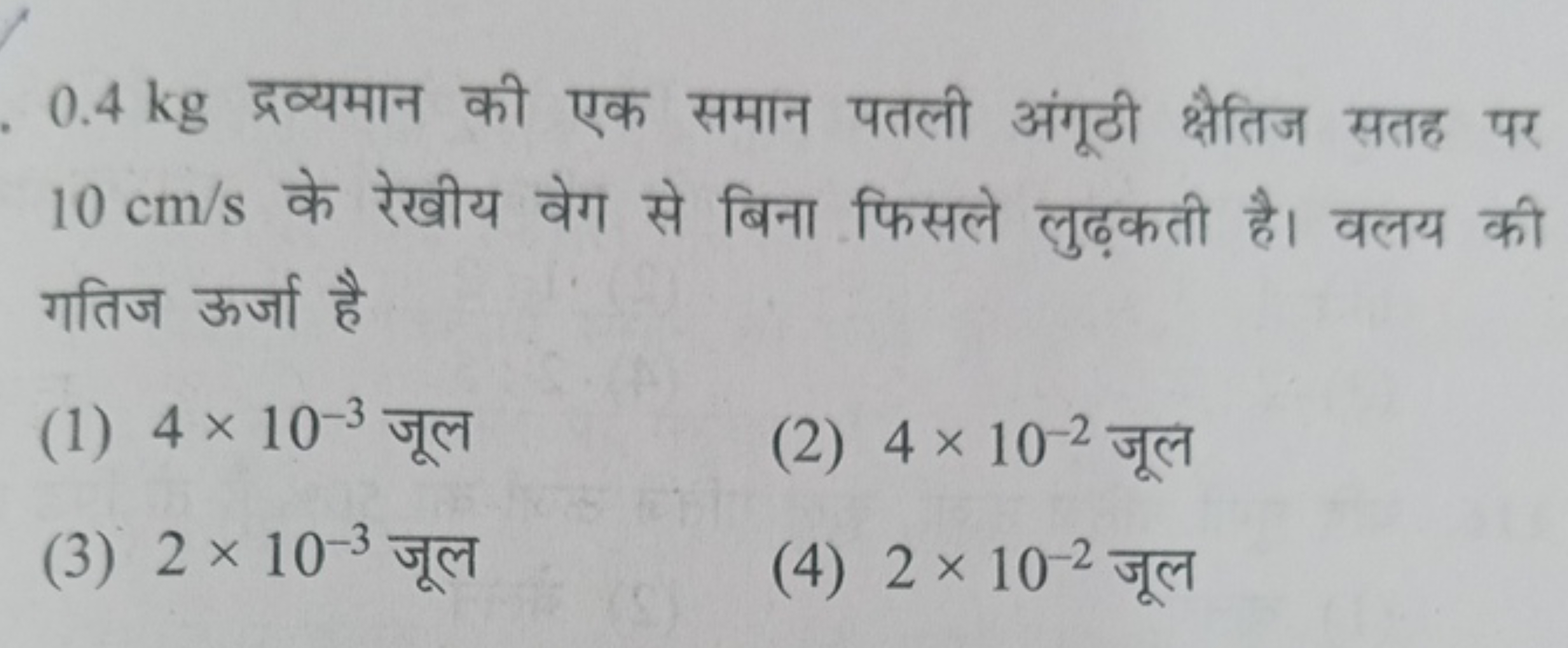 0.4 kg द्रव्यमान की एक समान पतली अंगूठी क्षैतिज सतह पर 10 cm/s के रेखी